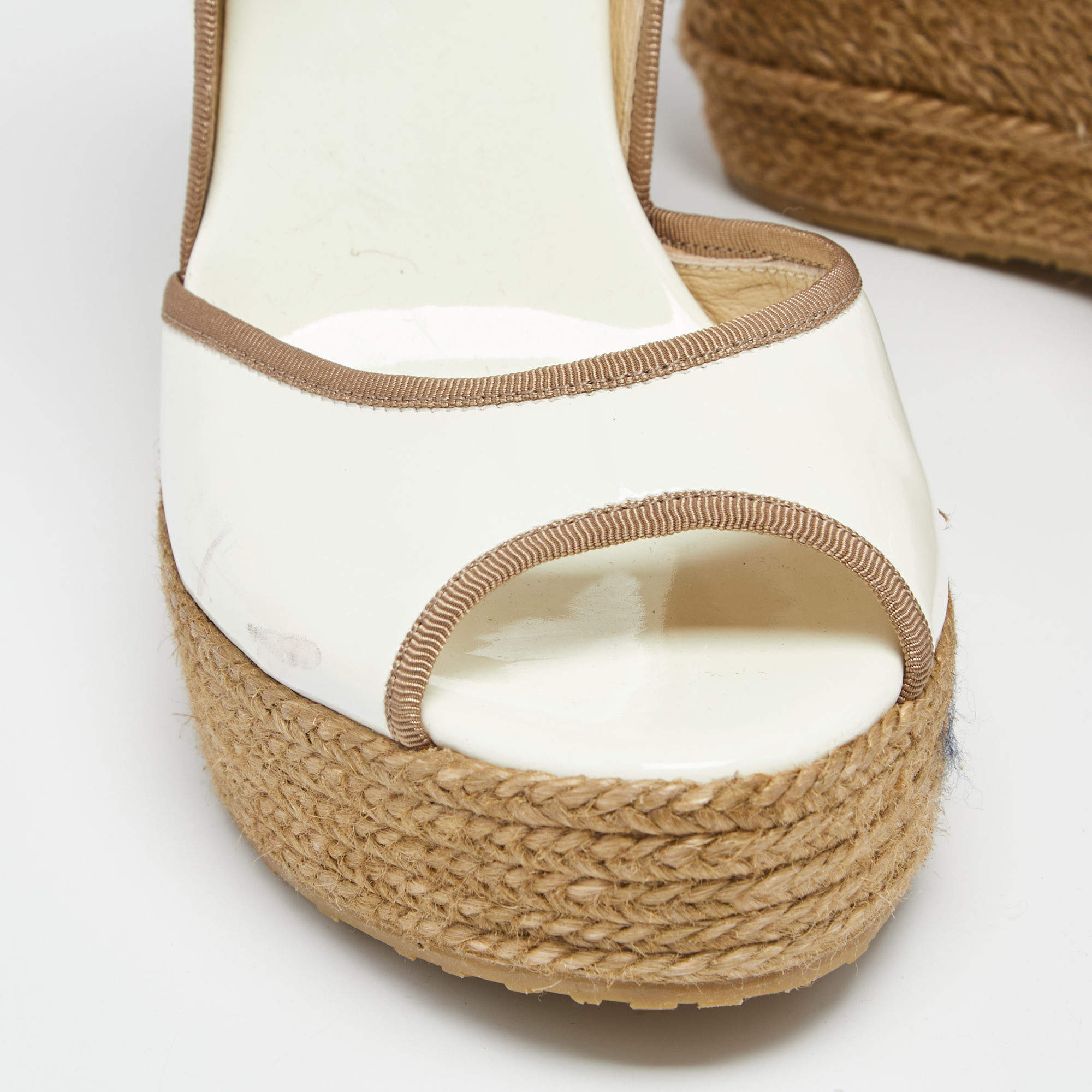 Pre Owned Jimmy Choo White/Brown Patent Leather and Jute Ankle Wrap Wedge Sandals Size 39