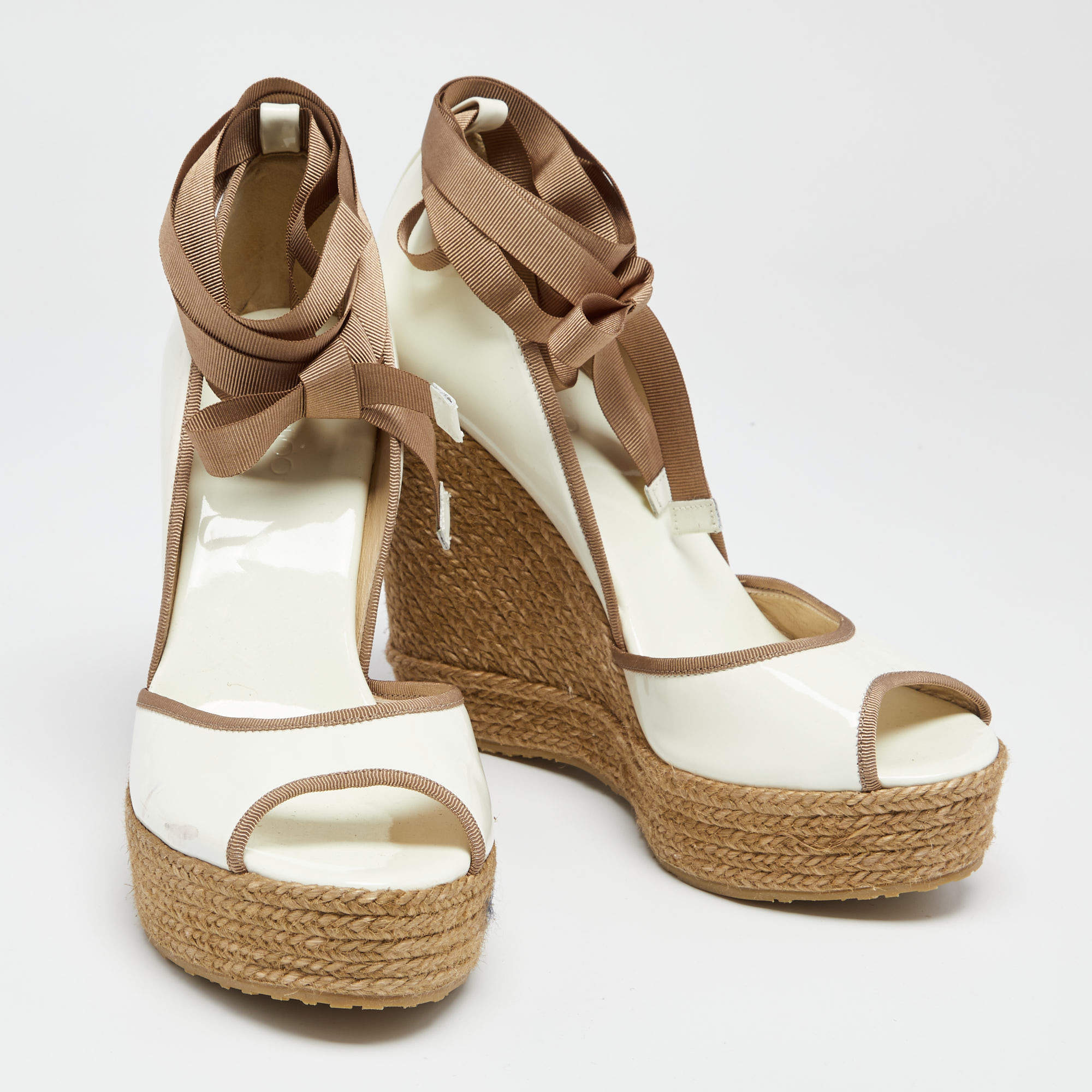 Pre Owned Jimmy Choo White/Brown Patent Leather and Jute Ankle Wrap Wedge Sandals Size 39