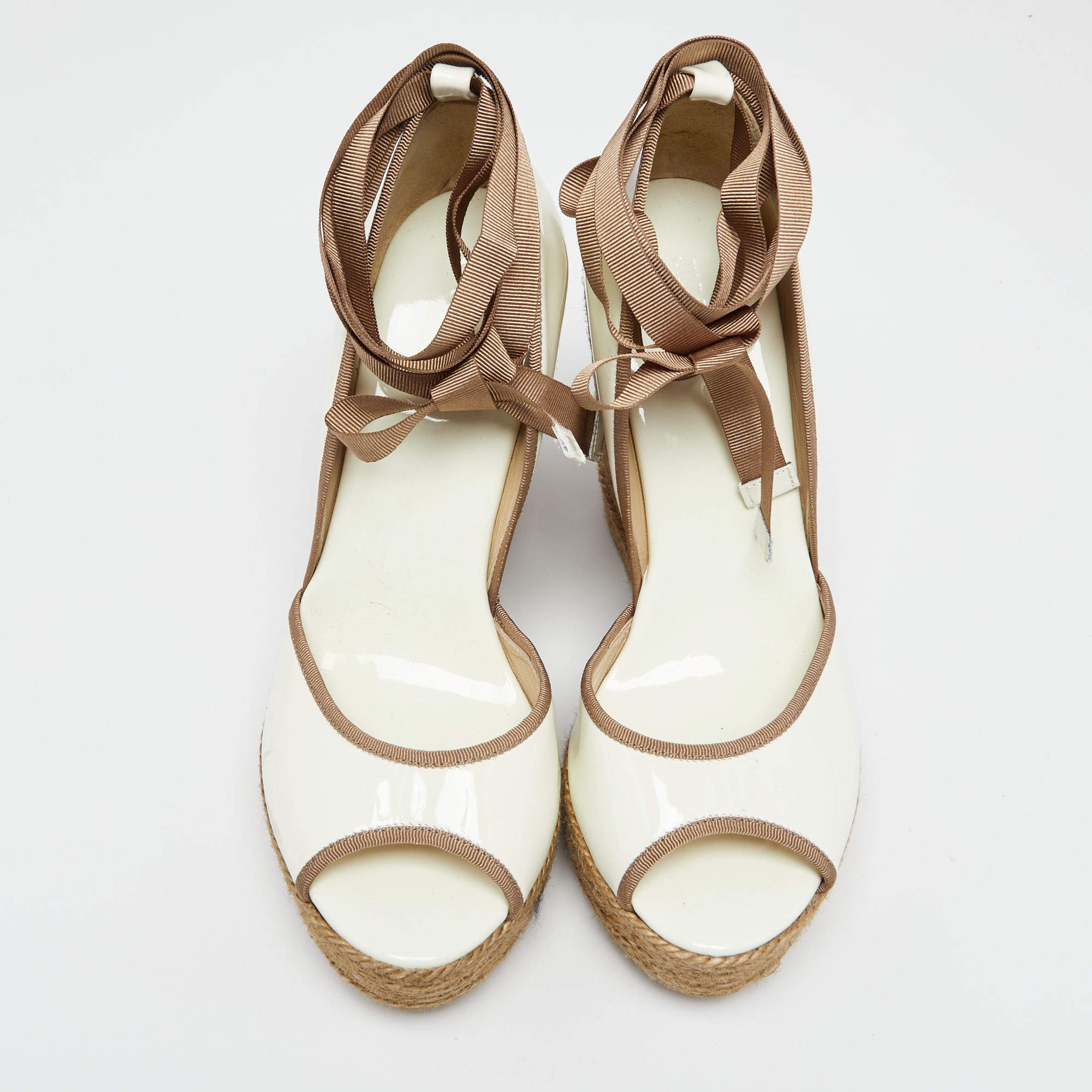 Pre Owned Jimmy Choo White/Brown Patent Leather and Jute Ankle Wrap Wedge Sandals Size 39