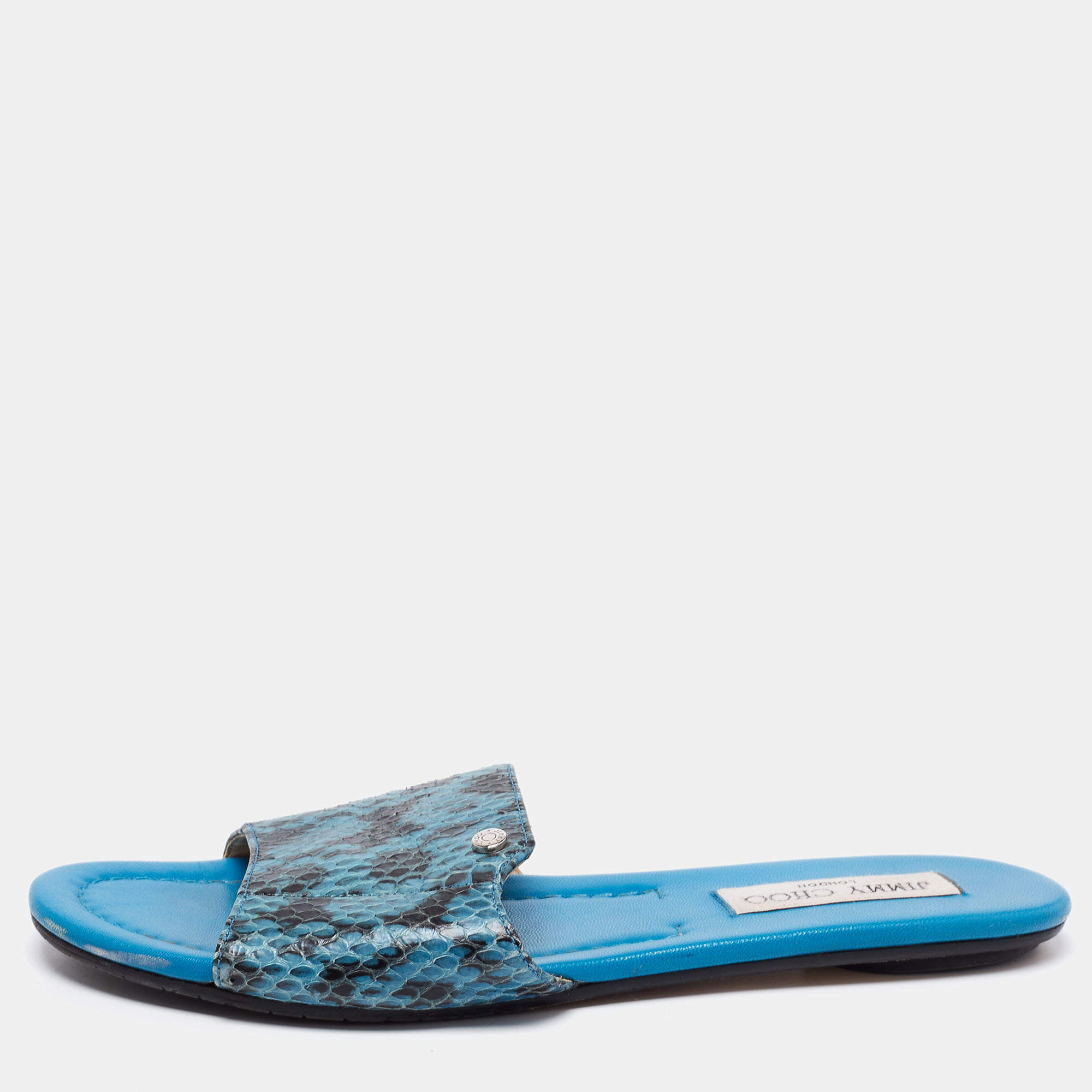 Pre Owned Jimmy Choo Blue/Black Snakeskin Leather Nanda Flat Slide Sandals Size 38