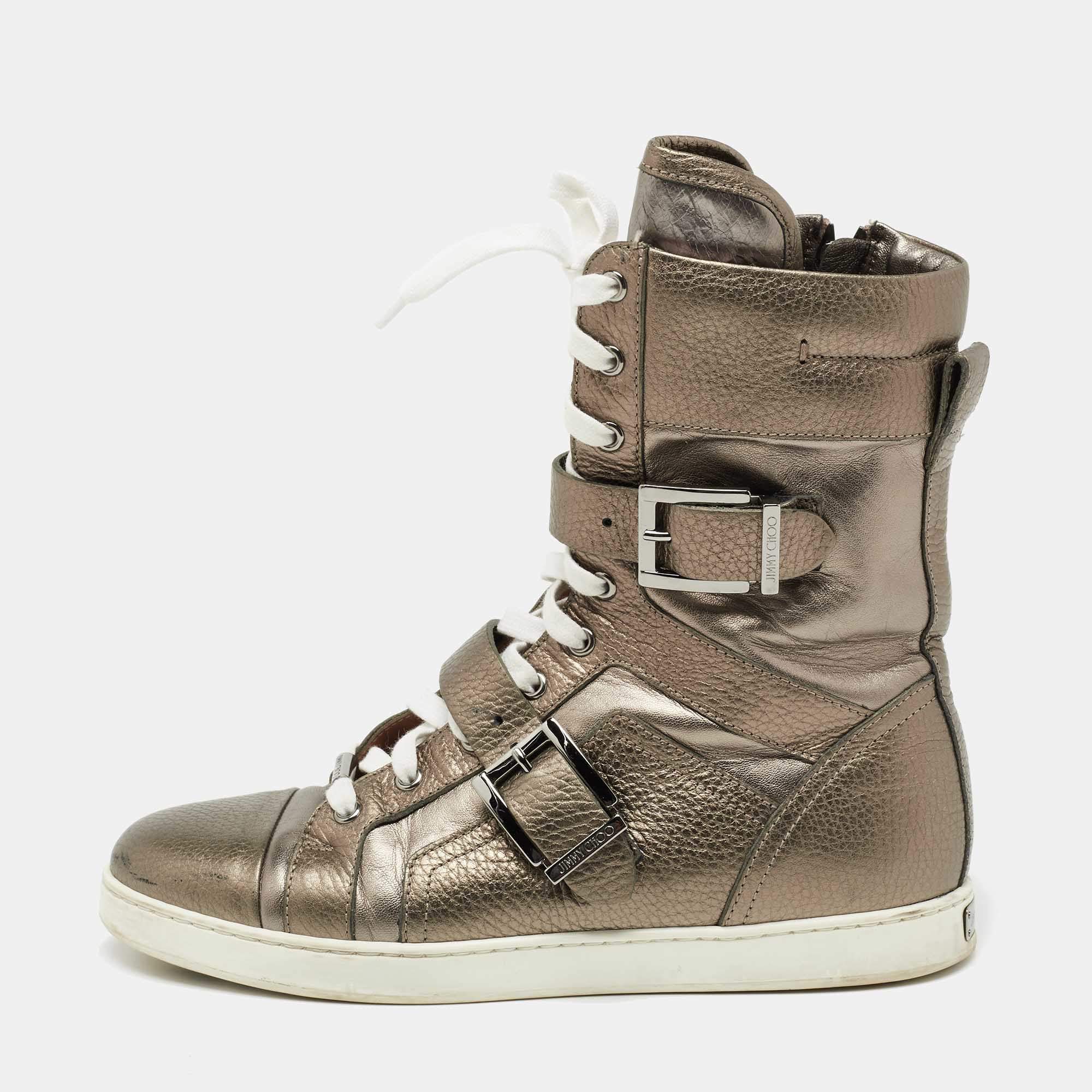 Pre Owned Jimmy Choo Metallic Grey Leather Ankle Length Boots Size 37