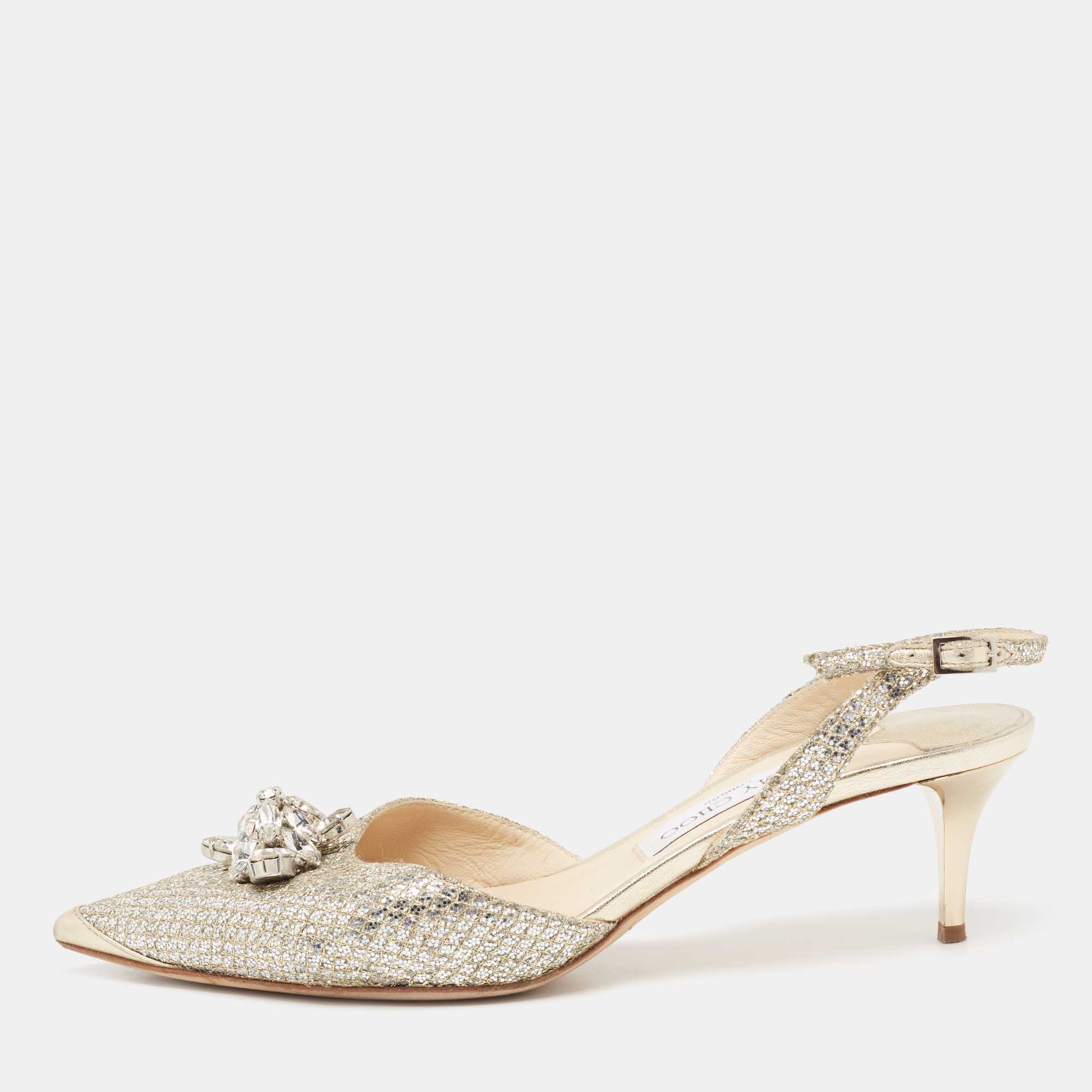 Pre Owned Jimmy Choo Sliver Glitter And Leather Pointed Toe Slingback Sandals Size 40