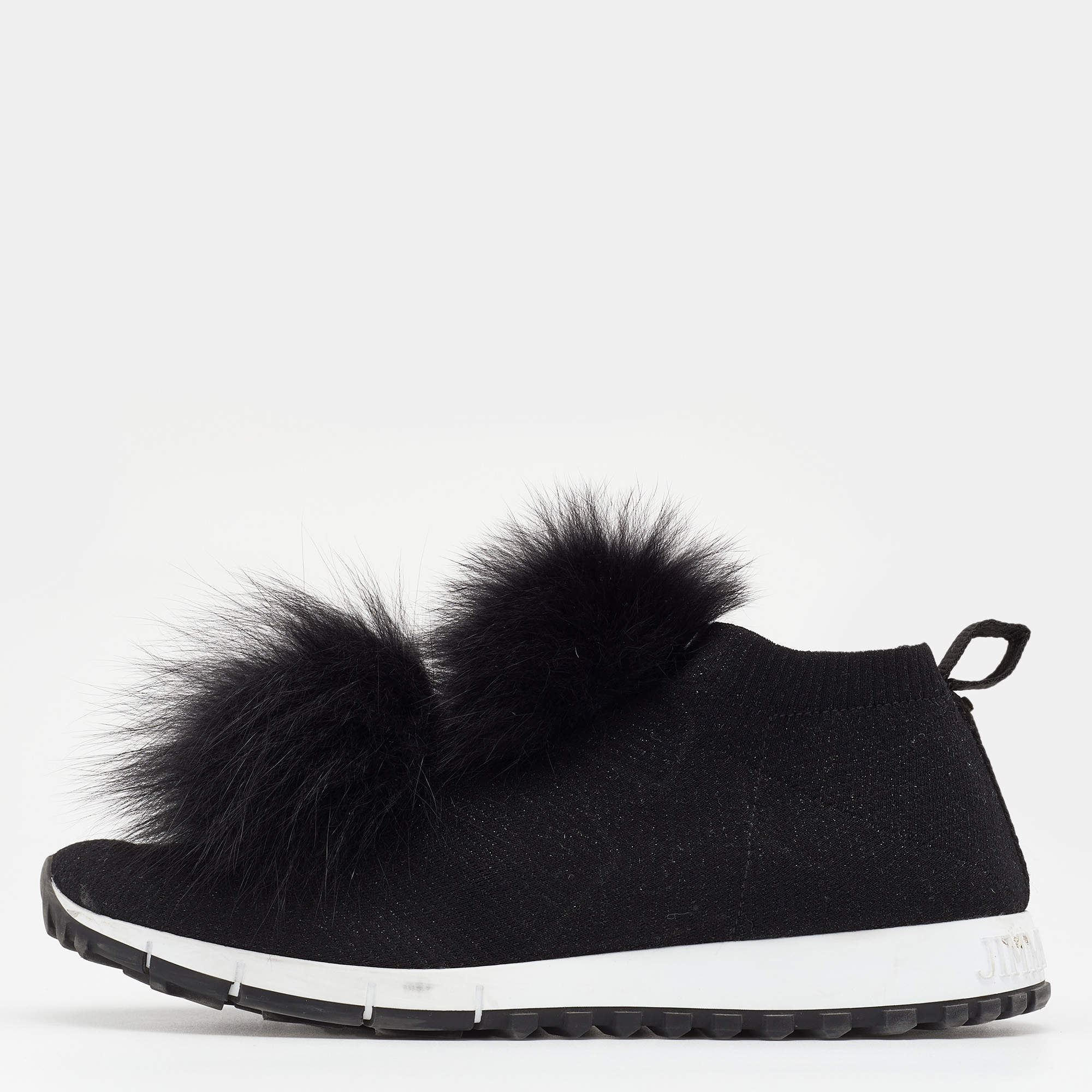Pre Owned Jimmy Choo Black Knit Fabric And Fur Pom Pom Norway Slip On Sneakers Size 40
