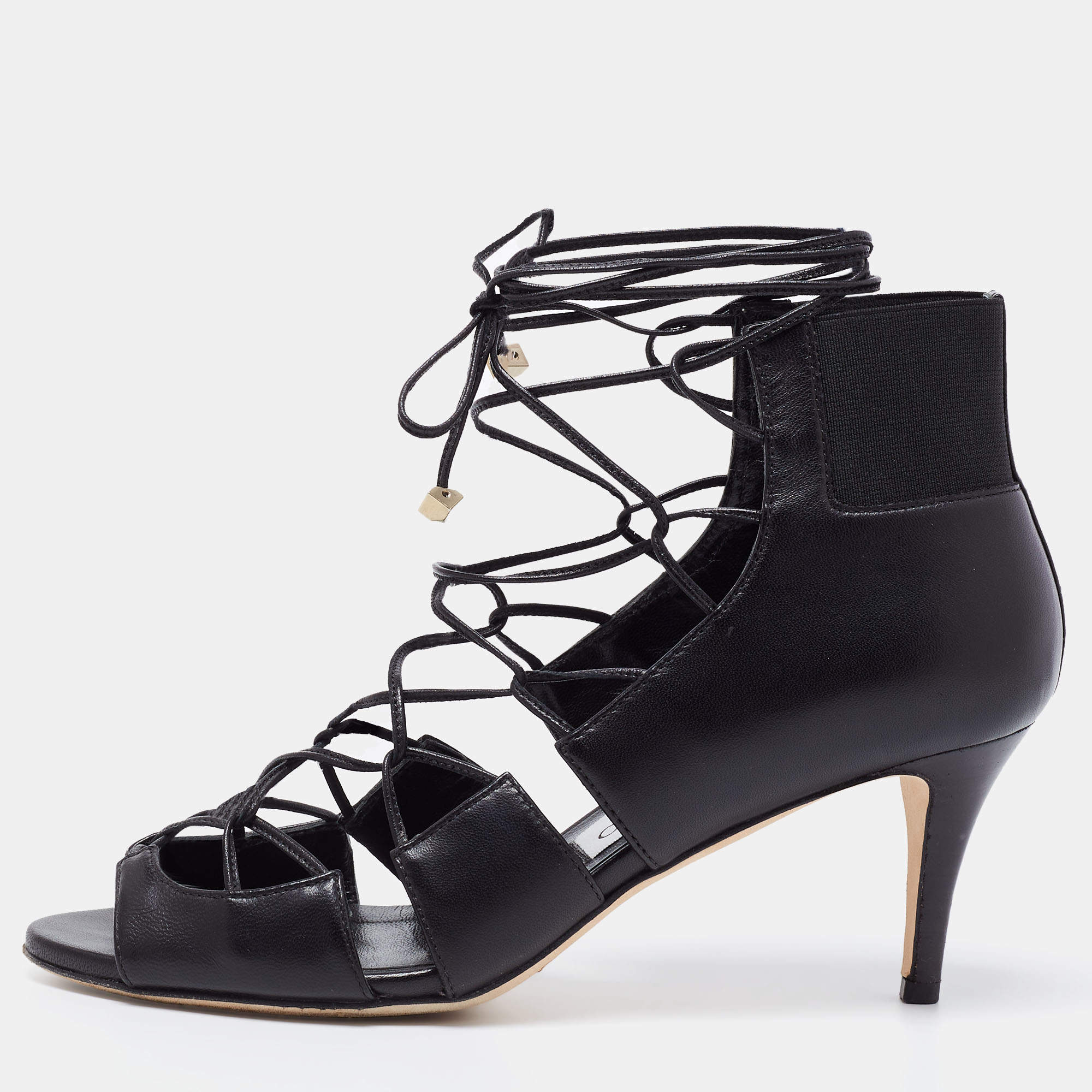 Pre Owned صندل جيمي تشو ميرتل 65 جلد أسود رباط مقاس 35.5