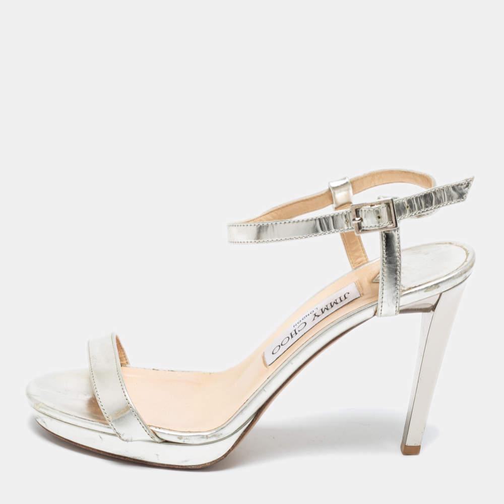 Pre Owned Jimmy Choo Metallic Silver Leather Minny Ankle Strap Sandals Size 37