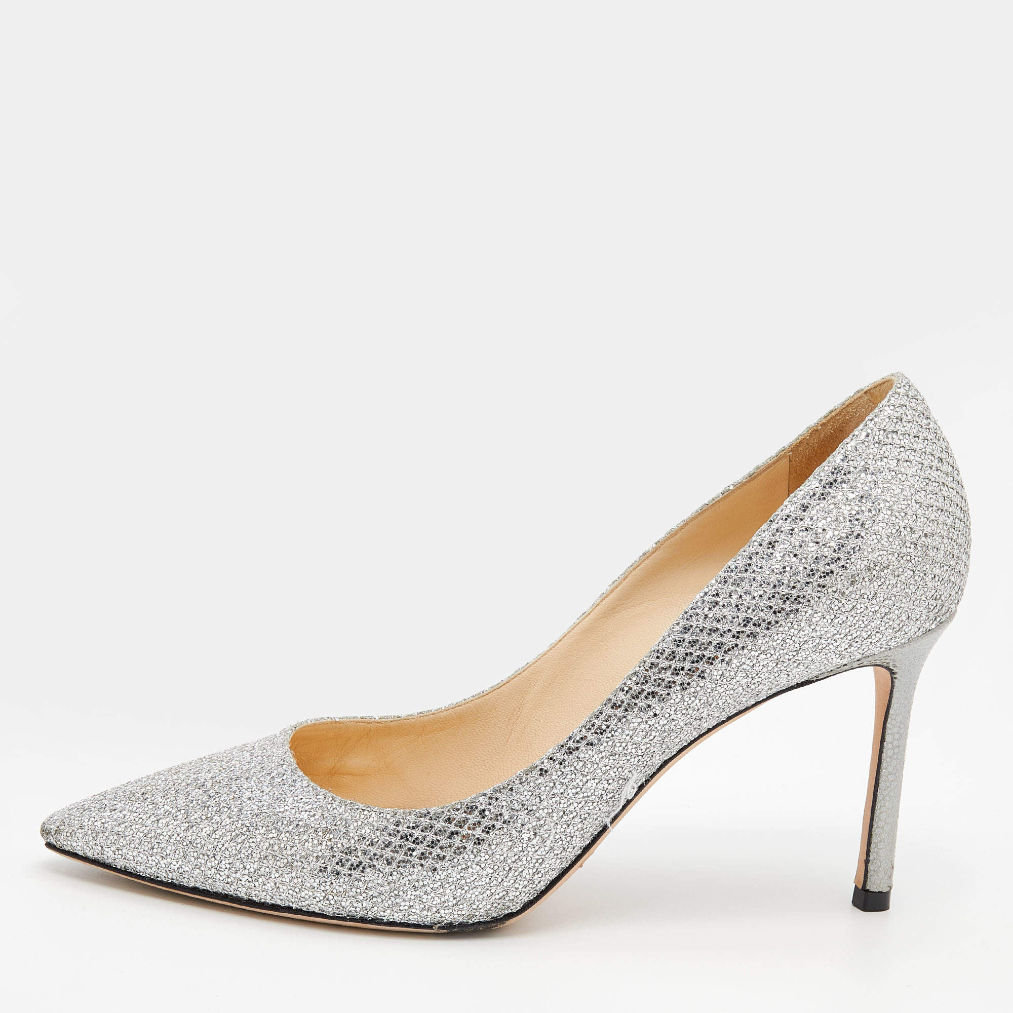 Pre Owned Jimmy Choo Metallic Silver Coarse Glitter Romy Pumps Size 38.5
