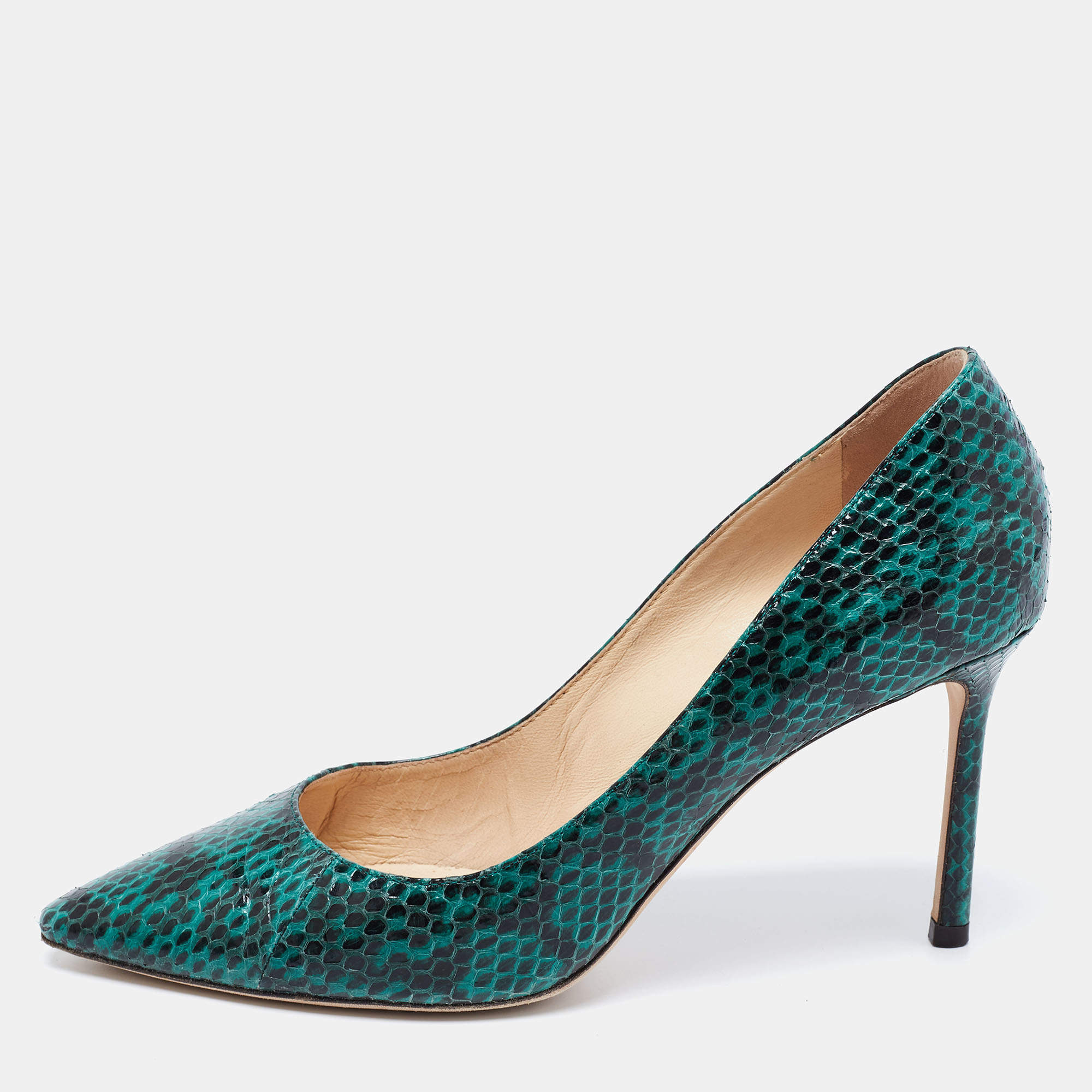 مملوكة مسبقًا Jimmy Choo Green/Black Python Leather Anouk Pointed Toe Pumps Size 38.5