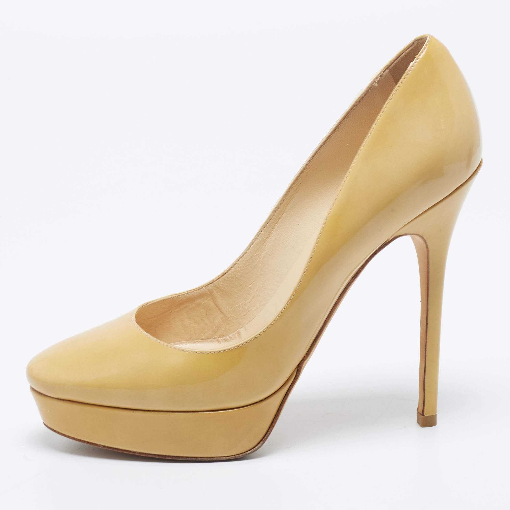 Jimmy Choo Light Yellow Patent Leather Cosmic Platform Pumps Size 37.5