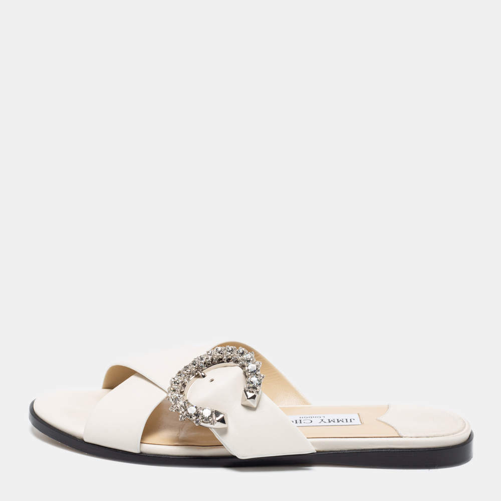 Jimmy Choo White Leather Marle Crystal Buckle Flat Slide Sandals Size ...