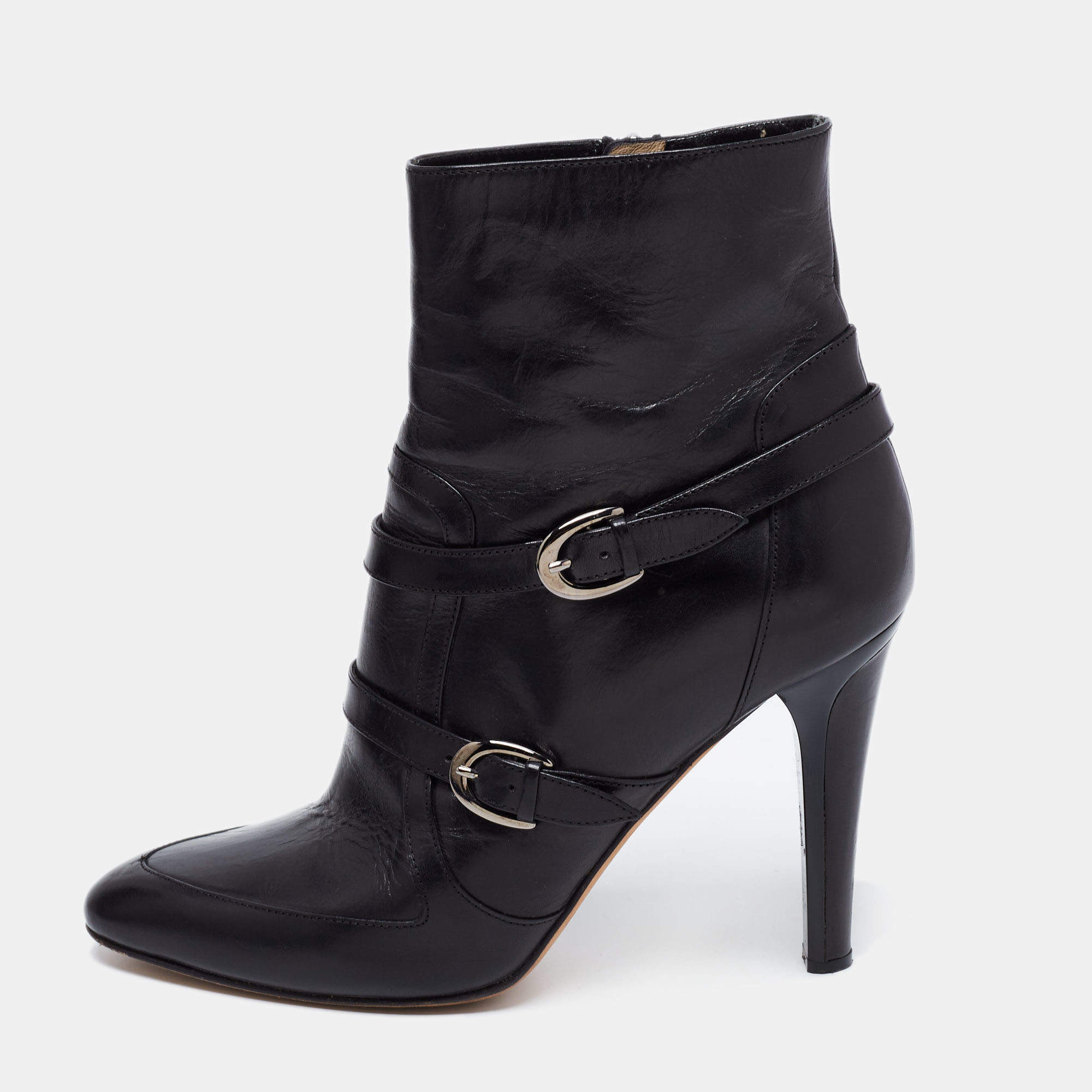 Pre Owned Jimmy Choo Black Leather Buckle Detail Ankle Booties Size 37