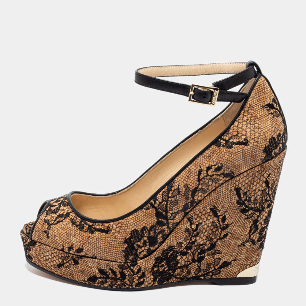 Pre Owned Jimmy Choo Beige Cork and Lace Pacific Peep Toe Ankle Strap Wedge Pumps Size 39