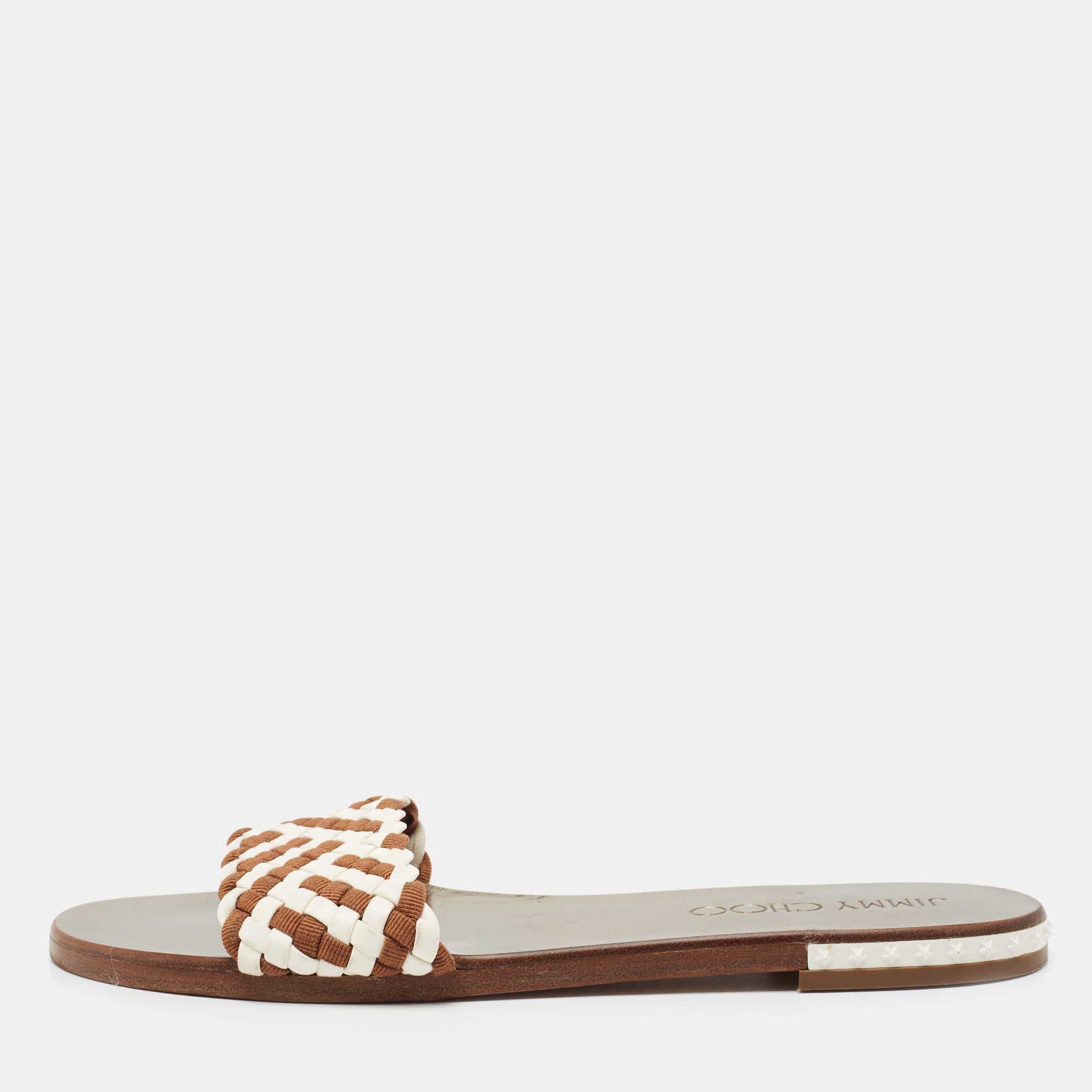 Pre Owned Jimmy Choo Brown/White Woven Slide Sandals Size 41