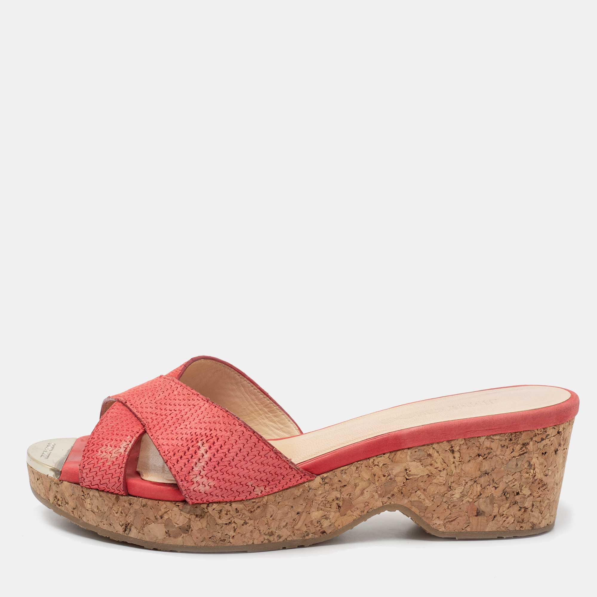 Pre Owned صندل سلايد جيمي تشو بريما جلد وردي كعب روكي فليني مقاس 39