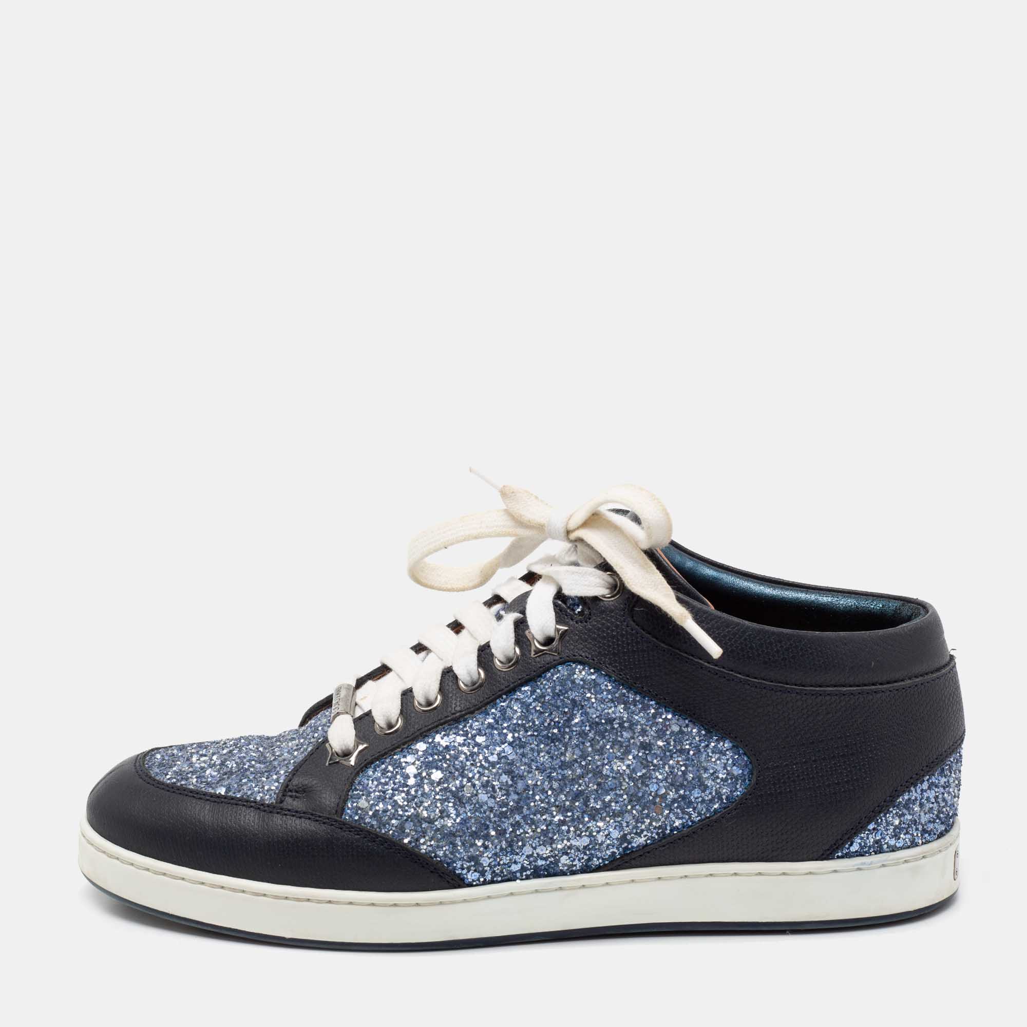 Pre Owned Jimmy Choo Blue Glitter And Leather Low Top Sneakers Size 38