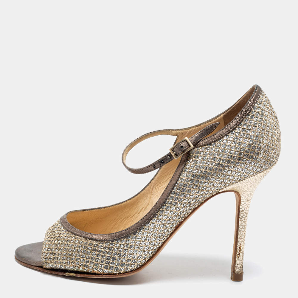 Jimmy Choo Silver/Gold Glitter And Leather Mary Jane Pumps Size 37.5