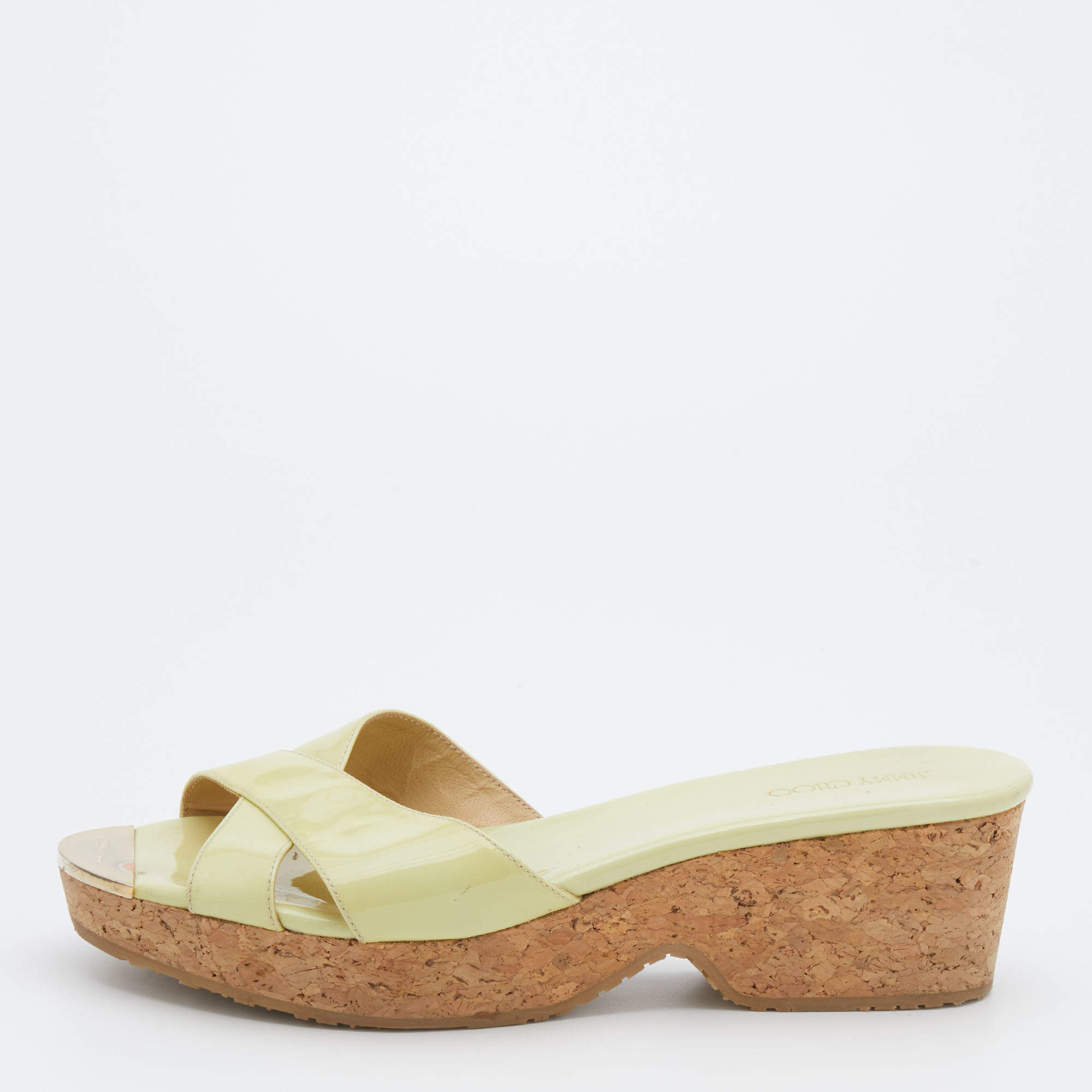 Pre Owned صندل سلايدز جيمي تشو بريما  جلد لامع أخضر نعل روكي فيلين مقاس 40