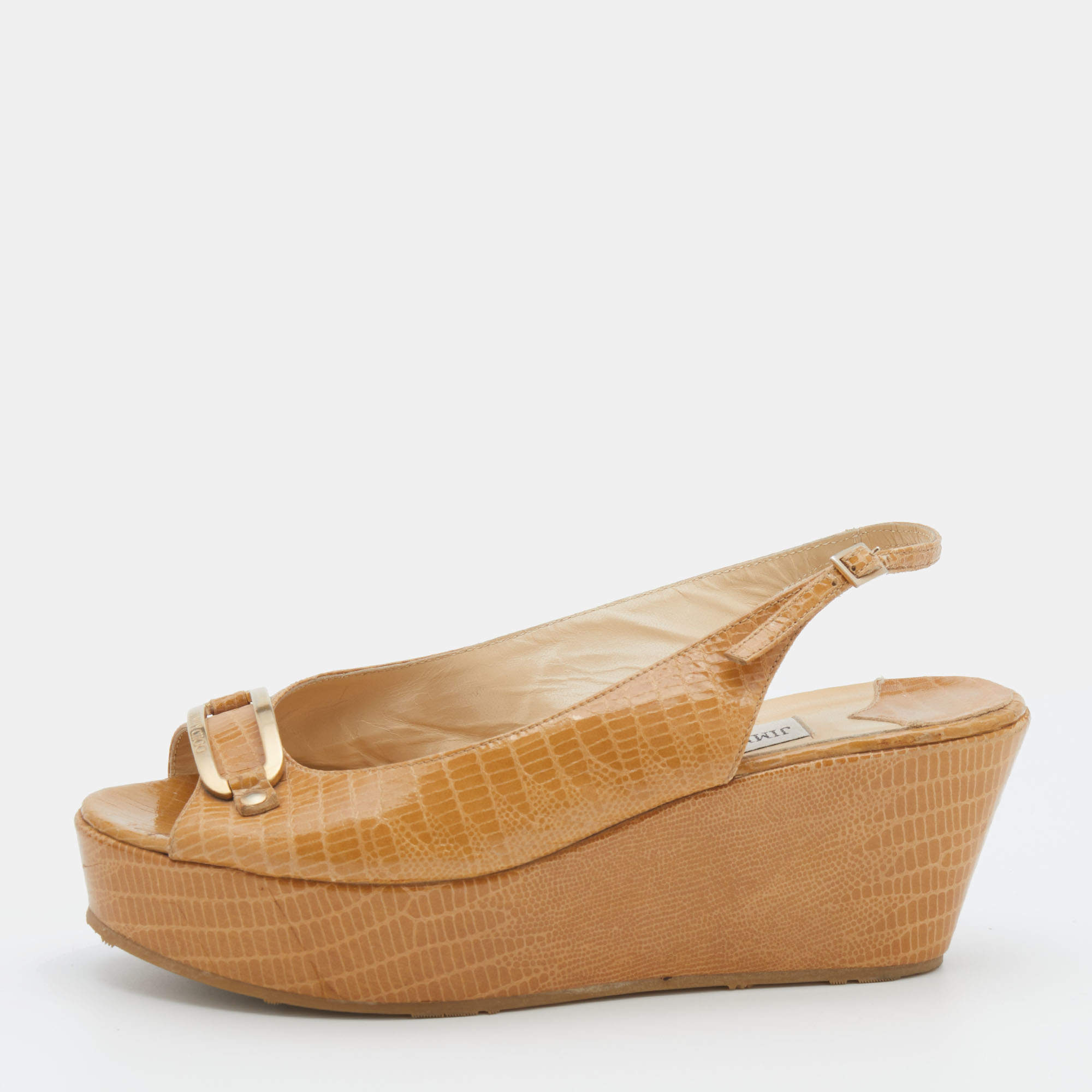 Jimmy Choo Beige Lizard Embossed Leather Slingback Wedge Sandals Size 39.5