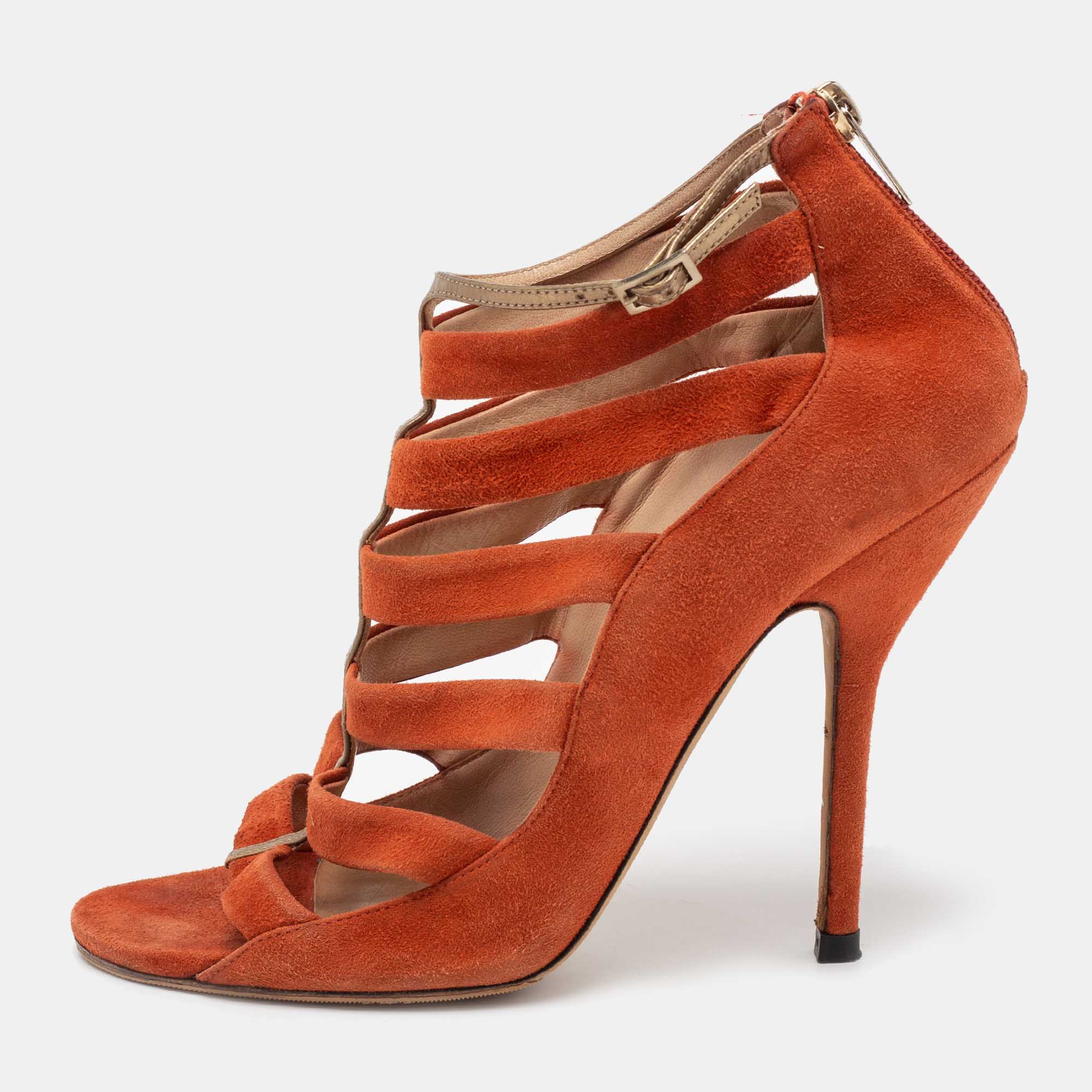 Jimmy Choo Orange Suede Fathom Strappy Cage Sandals Size 40