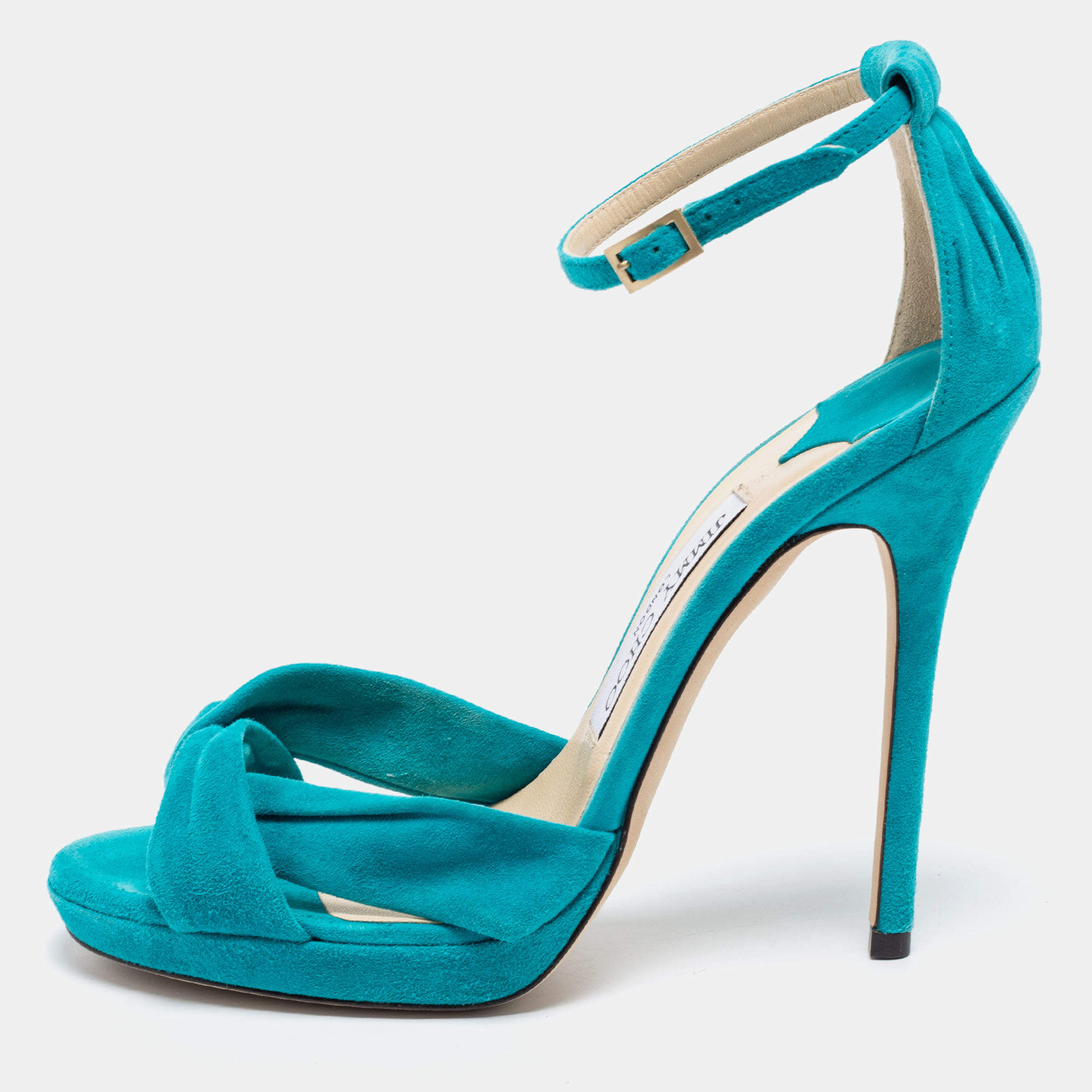 Pre Owned صندل جيمي تشو سويدي أزرق تركواز سير كاحل مقاس 38