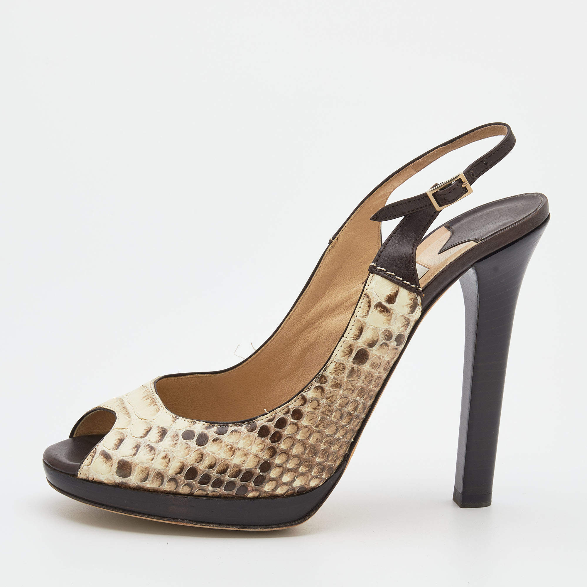 Pre Owned Jimmy Choo Beige/Brown Python and Leather Open Toe Slingback Sandals Size 39