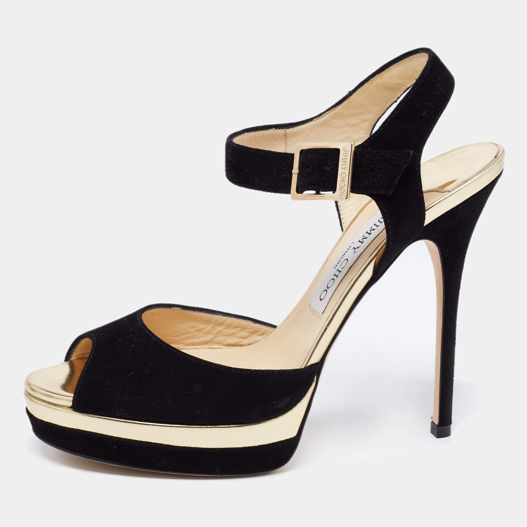 Pre Owned صندل جيمي تشو بافلوفا سويدي أسود بحزام للكاحل نعل سميك مقاس 39