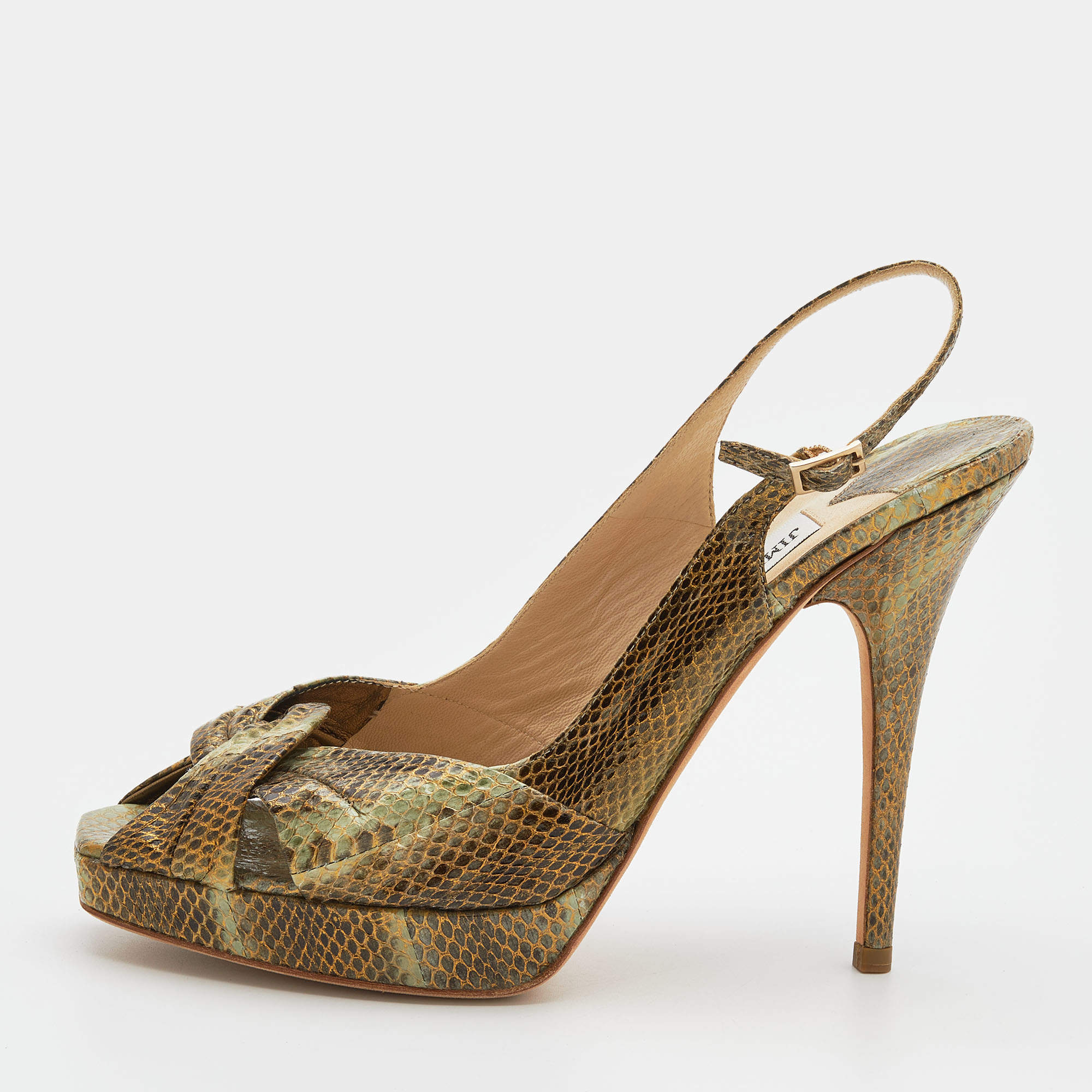Pre Owned صندل جيمي تشو جلد ثعبان متعدد الألوان نعل سميك بحزام خلفي للكاحل مقاس 39