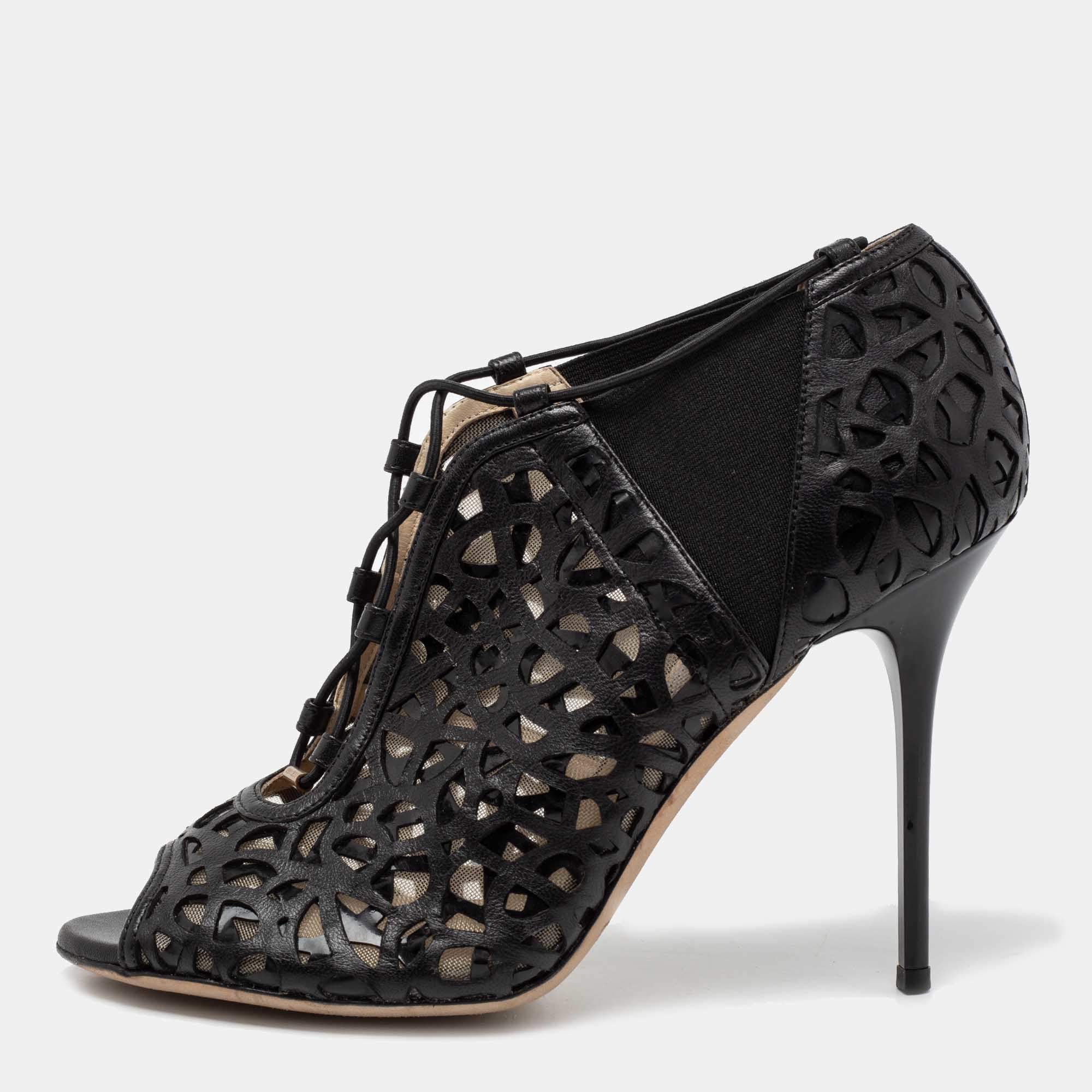 Pre Owned Jimmy Choo Black Laser-Cut Patent and Leather Tactic Ankle Booties Size 40