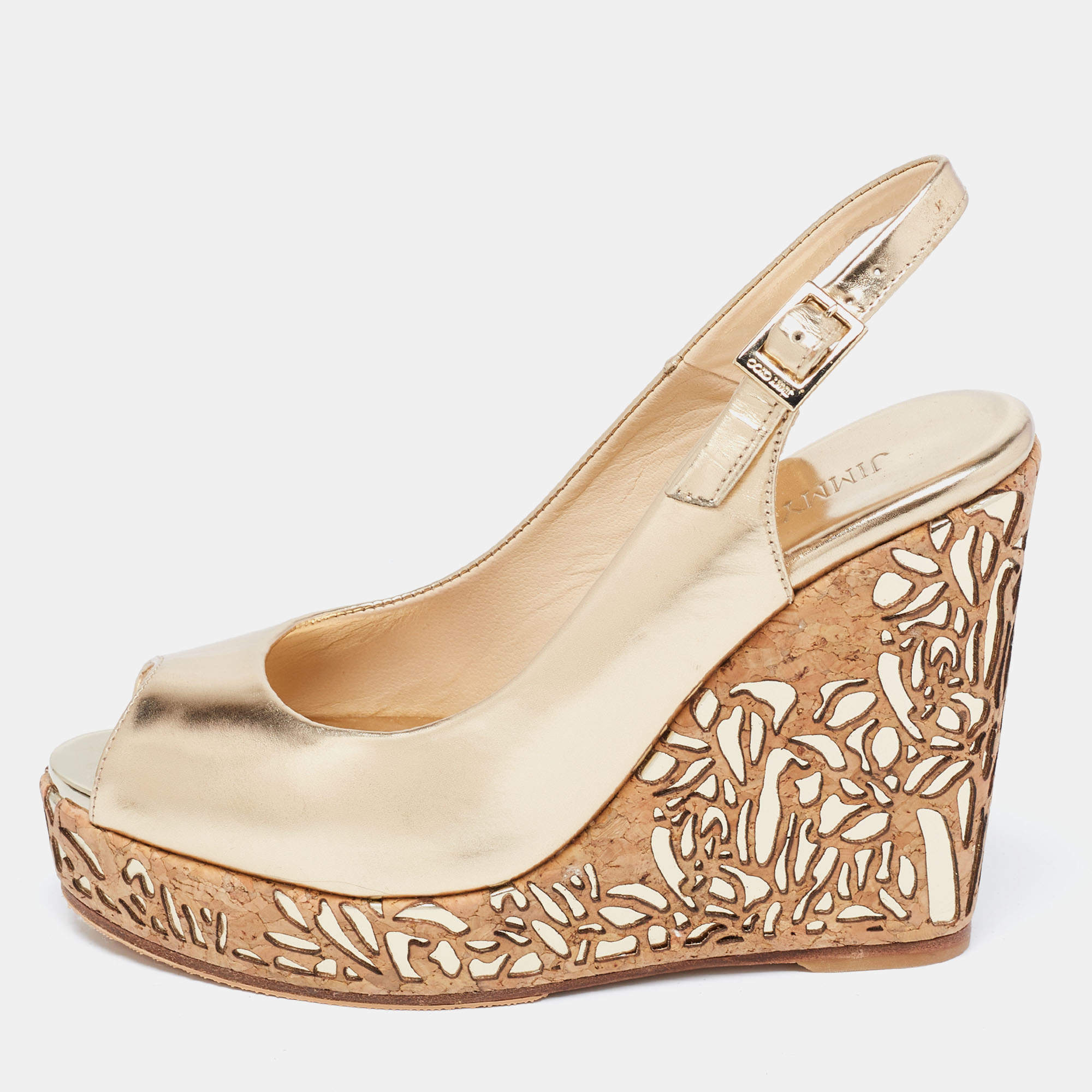 Jimmy Choo Gold Leather Laser Cut Cork Wedge Sandals Size 36