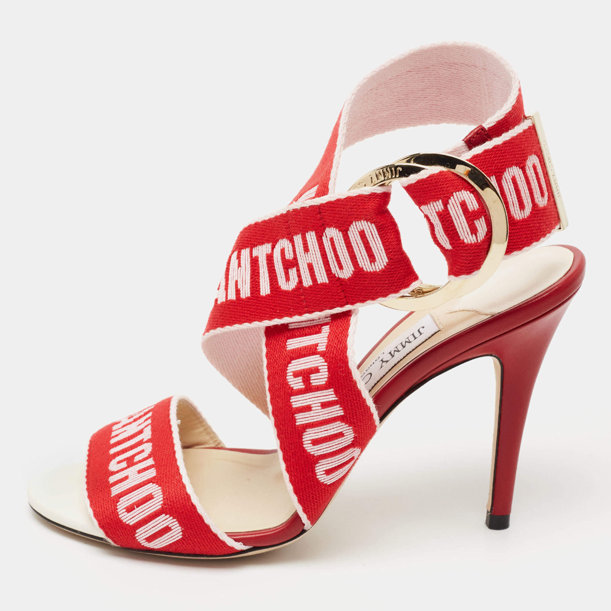 Pre Owned صندل جيمي تشو بيلي كانفاس أحمر برباط كاحل مقاس 35