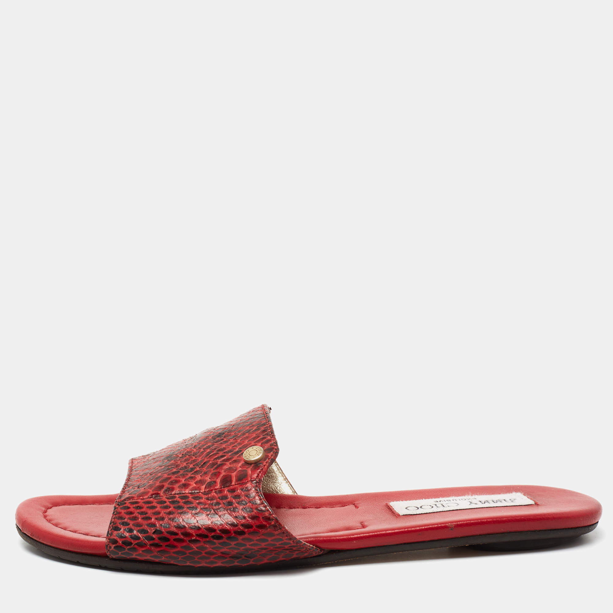 Pre Owned Jimmy Choo Red Snakeskin Leather Nanda Flat Slides Size 36