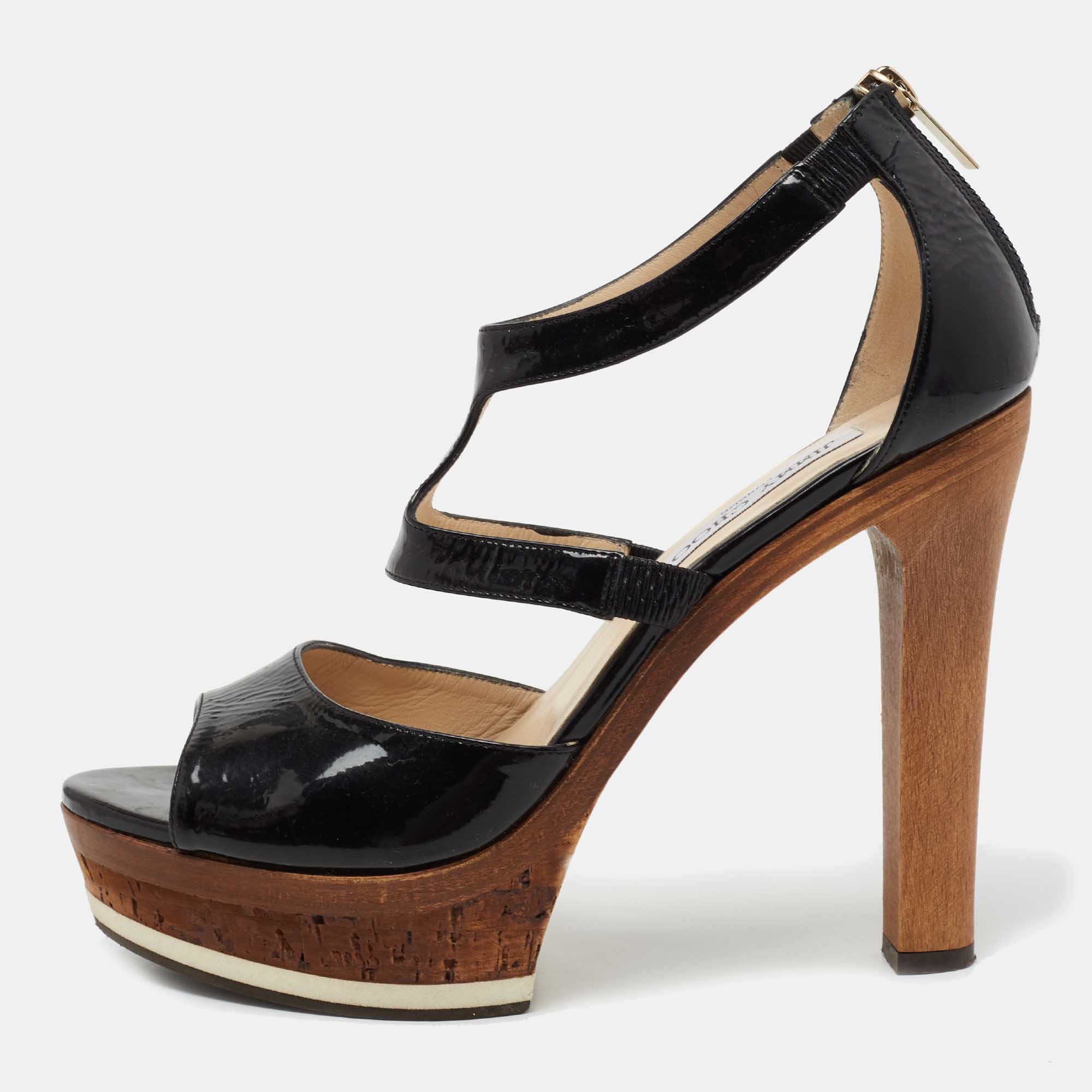 Pre Owned Jimmy Choo Black Patent Leather Ankle Strap Platform Sandals Size 39.5