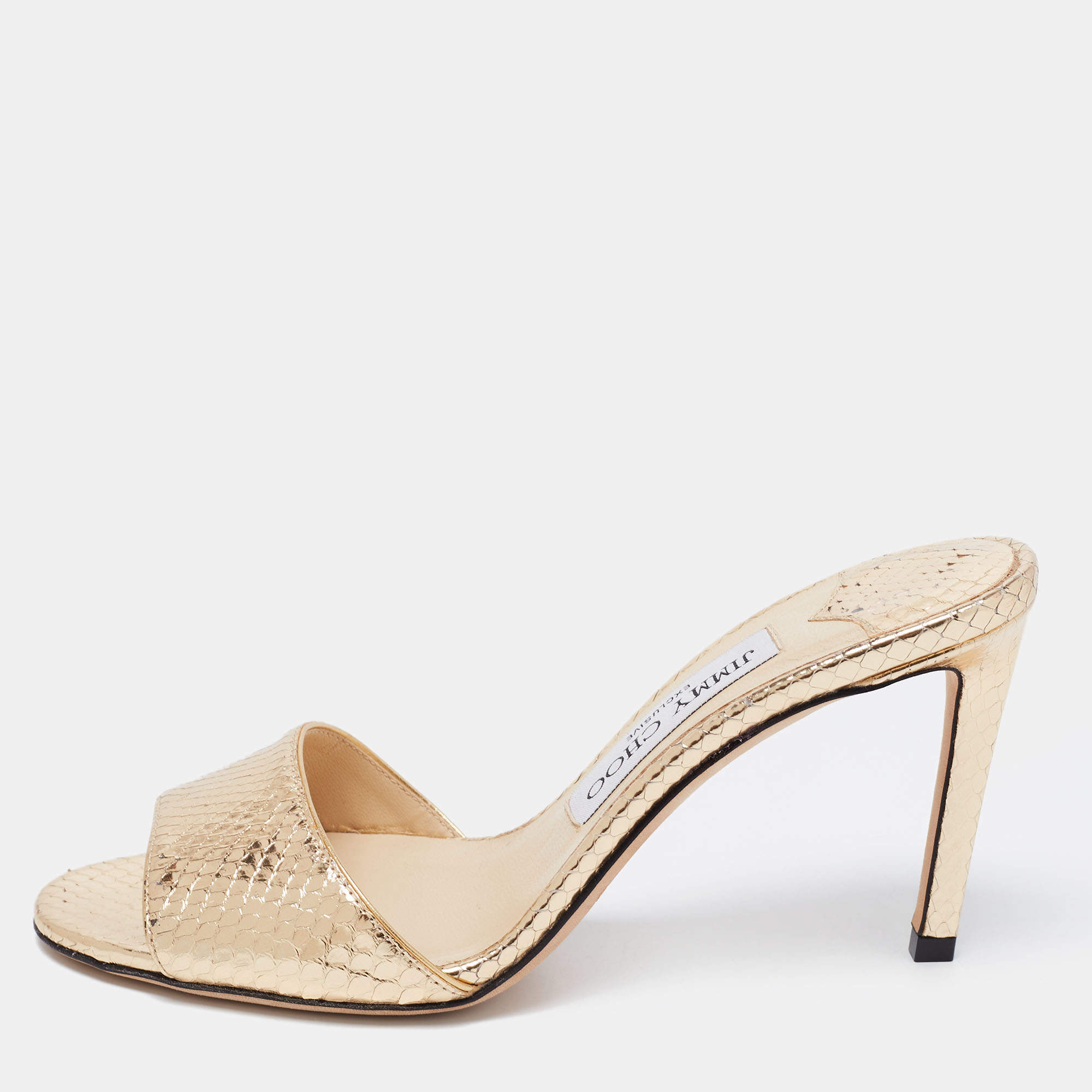 Pre Owned Jimmy Choo Gold Snakeskin Embossed Leather Slide Sandals Size 36