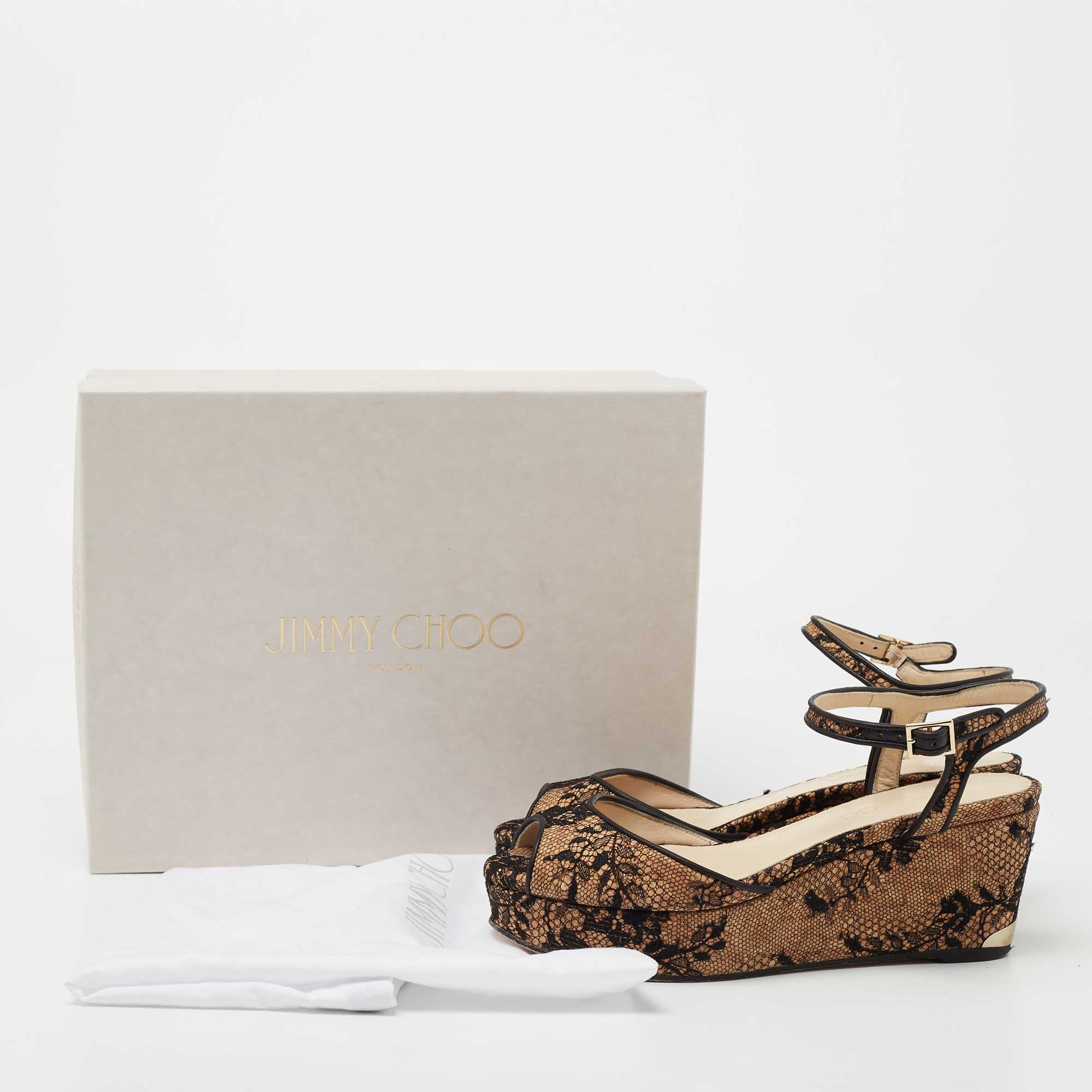 Pre Owned Jimmy Choo Beige/Black Cork And Lace Wedge Ankle Strap Sandals Size 37.5