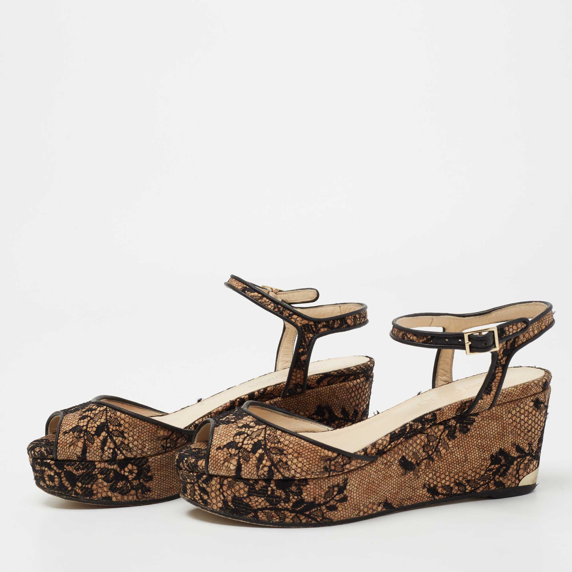 Pre Owned Jimmy Choo Beige/Black Cork And Lace Wedge Ankle Strap Sandals Size 37.5