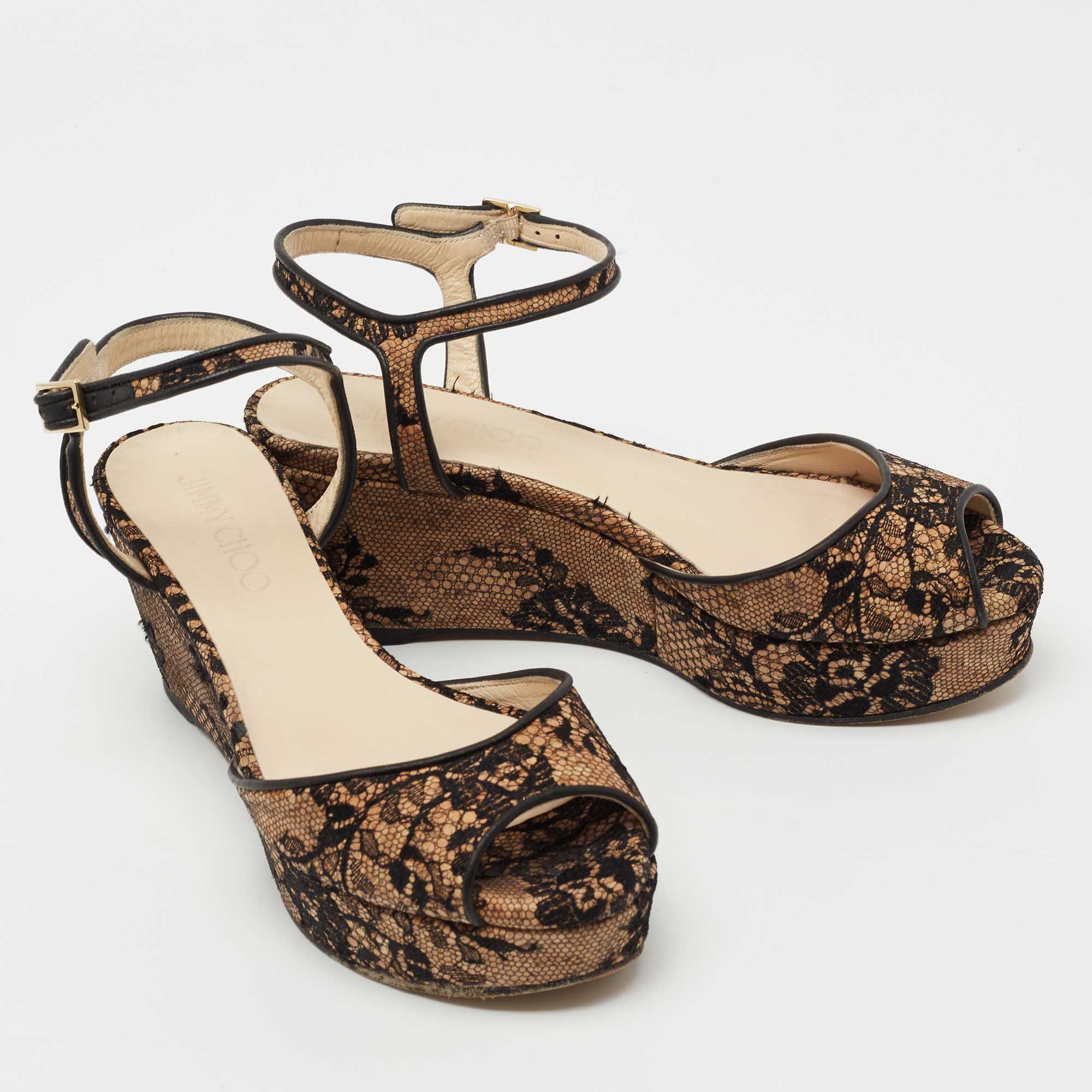 Pre Owned Jimmy Choo Beige/Black Cork And Lace Wedge Ankle Strap Sandals Size 37.5