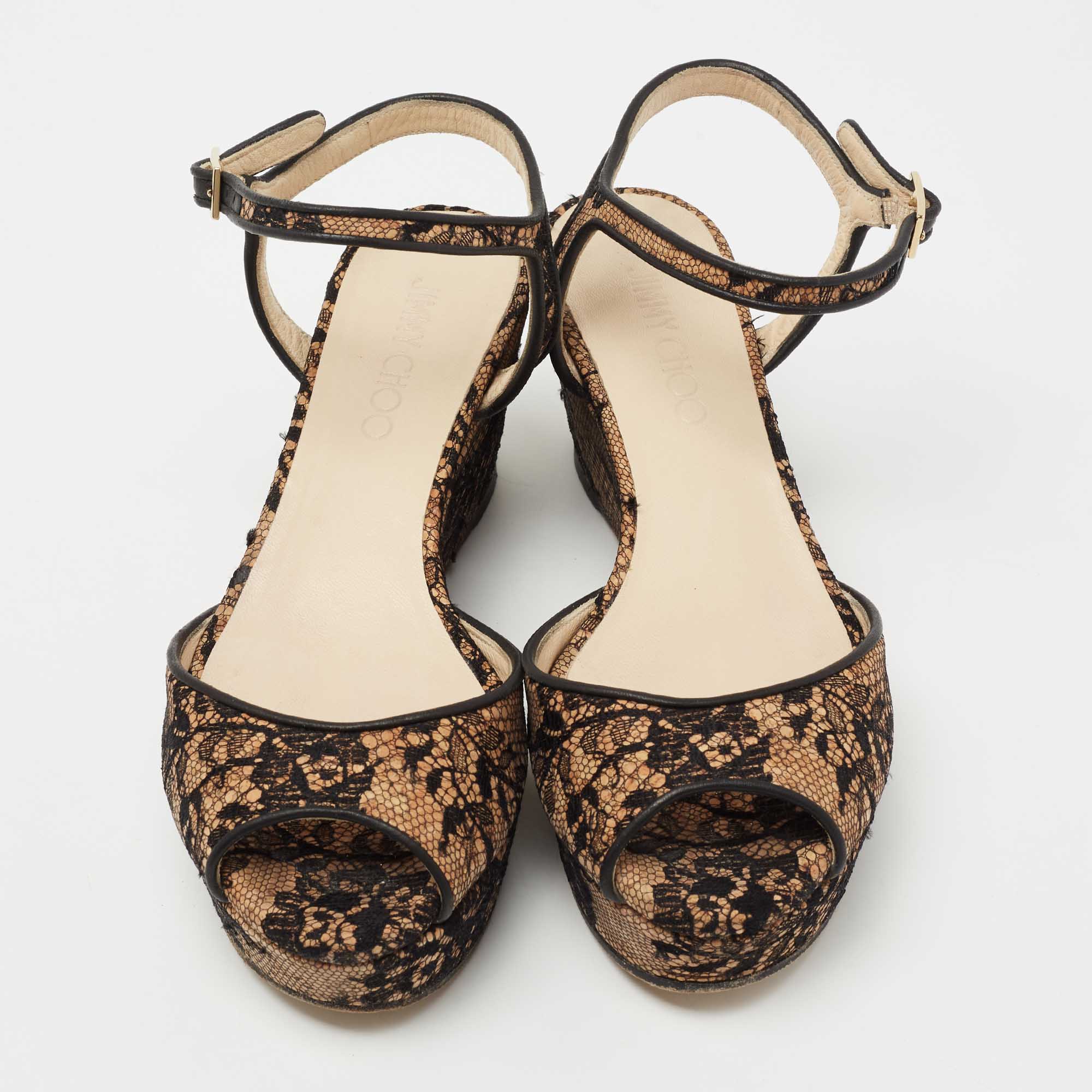 Pre Owned Jimmy Choo Beige/Black Cork And Lace Wedge Ankle Strap Sandals Size 37.5