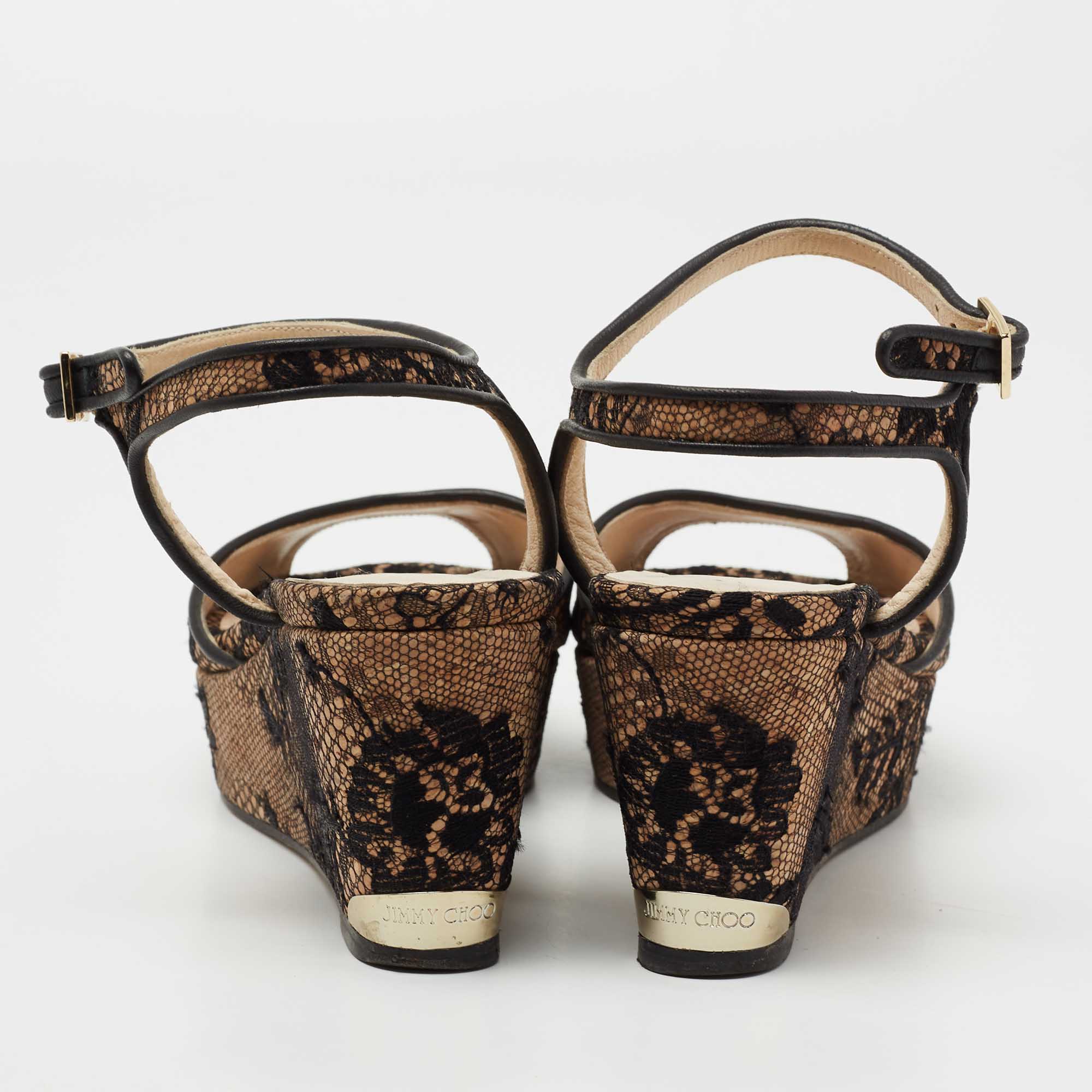 Pre Owned Jimmy Choo Beige/Black Cork And Lace Wedge Ankle Strap Sandals Size 37.5