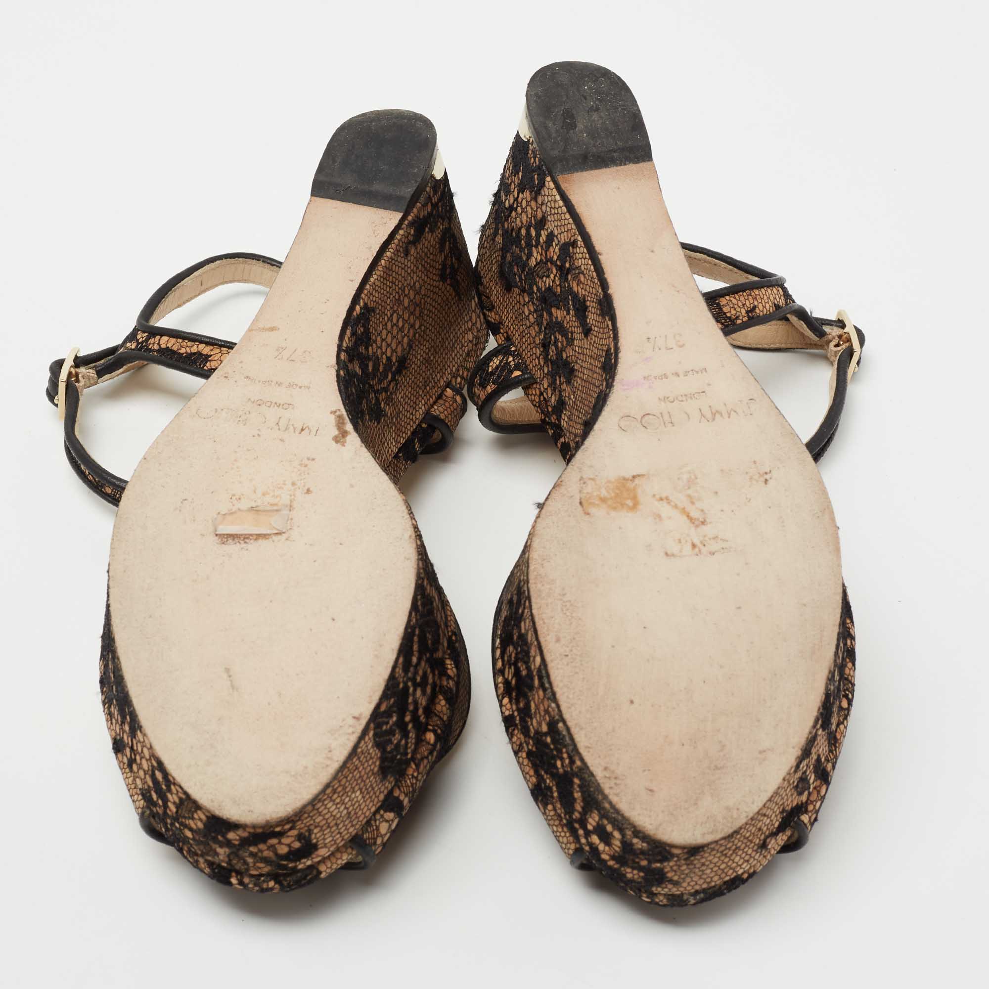 Pre Owned Jimmy Choo Beige/Black Cork And Lace Wedge Ankle Strap Sandals Size 37.5