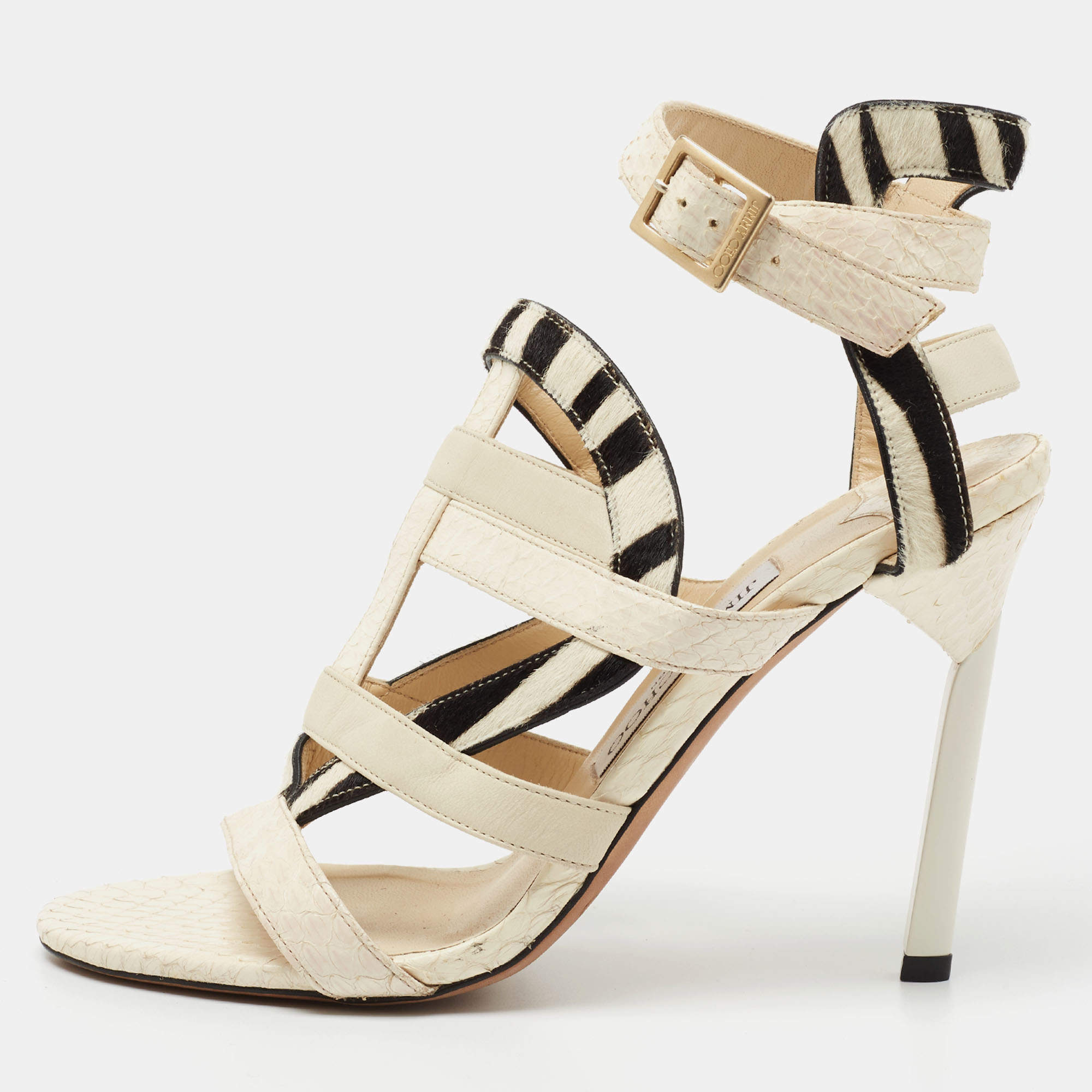 Pre Owned Jimmy Choo Cream/Black Python And Calf Leather Ankle Strap Sandals Size 38