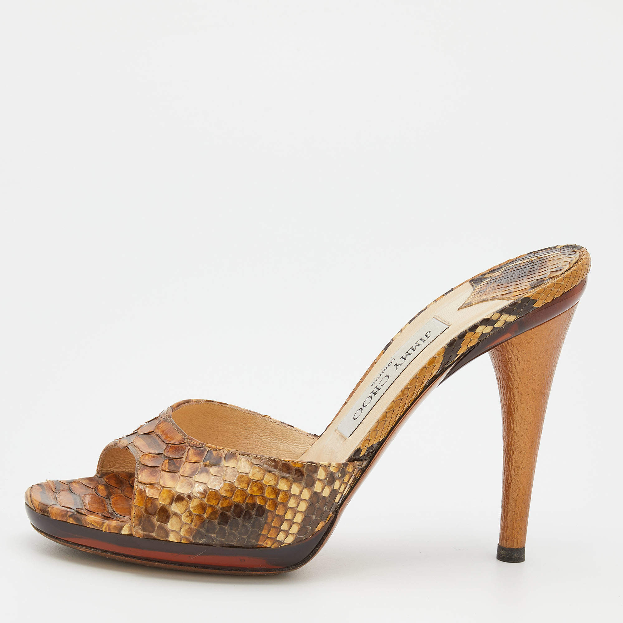 Jimmy Choo Brown/Beige Python Leather Open Toe Slide Sandals Size 38