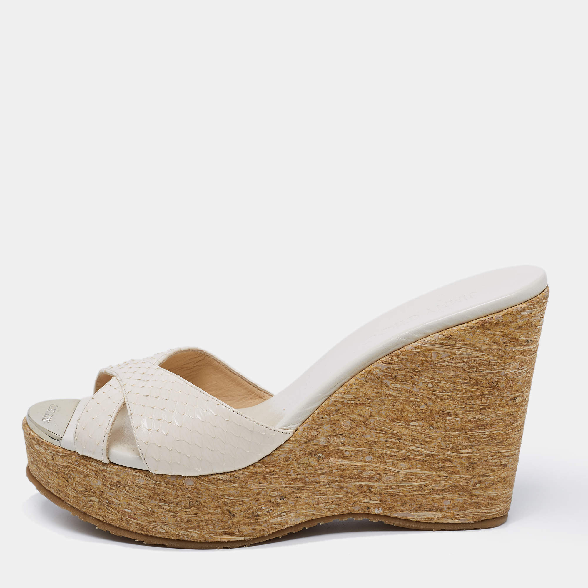 Pre Owned Jimmy Choo Off-White Snakeskin Leather Prima Wedge Slide Sandals Size 38