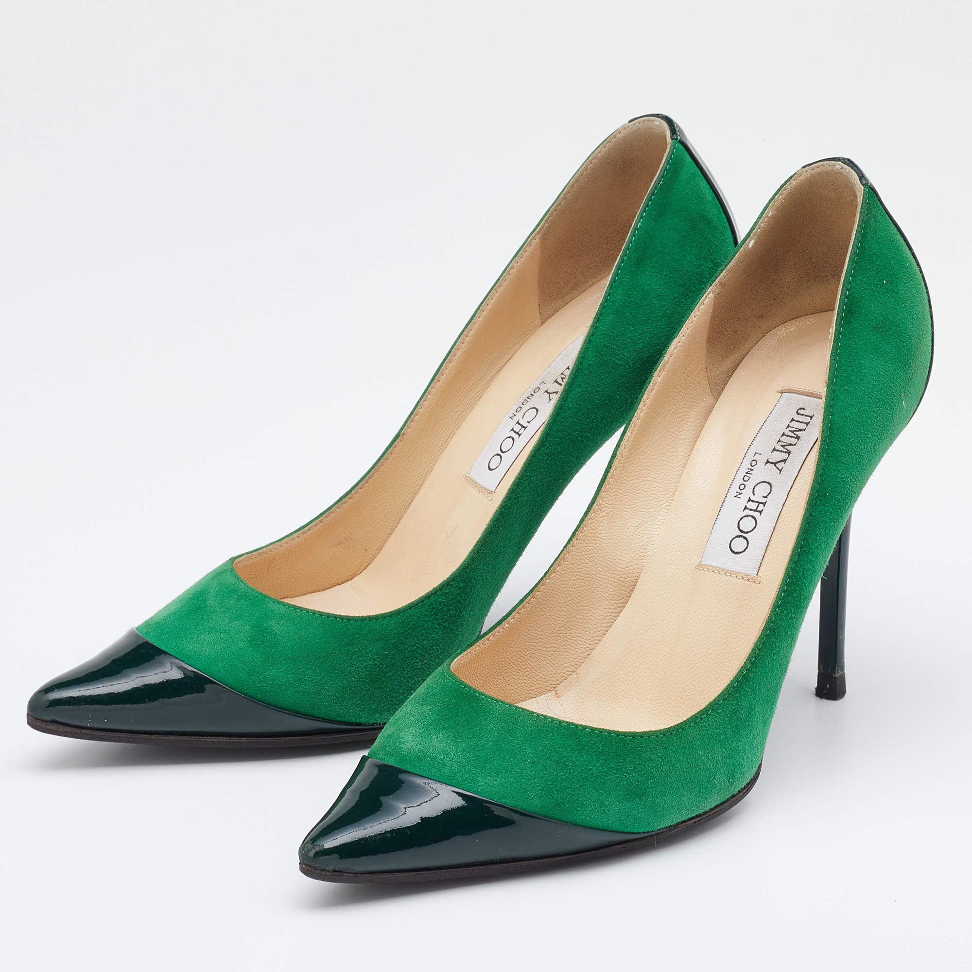 Pre Owned Jimmy Choo Green Suede and Patent Leather Cap Toe Pumps Size 35