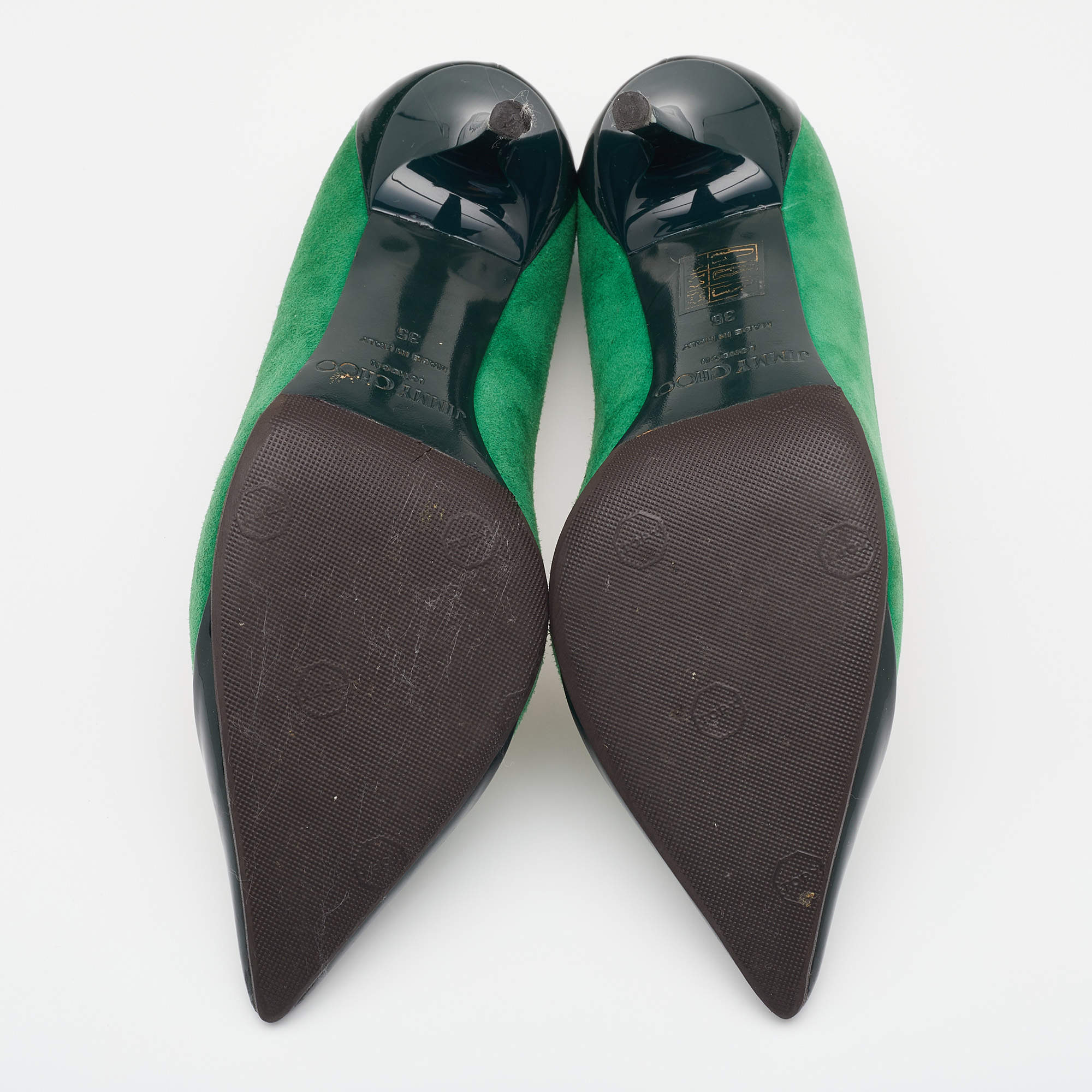 Pre Owned Jimmy Choo Green Suede and Patent Leather Cap Toe Pumps Size 35