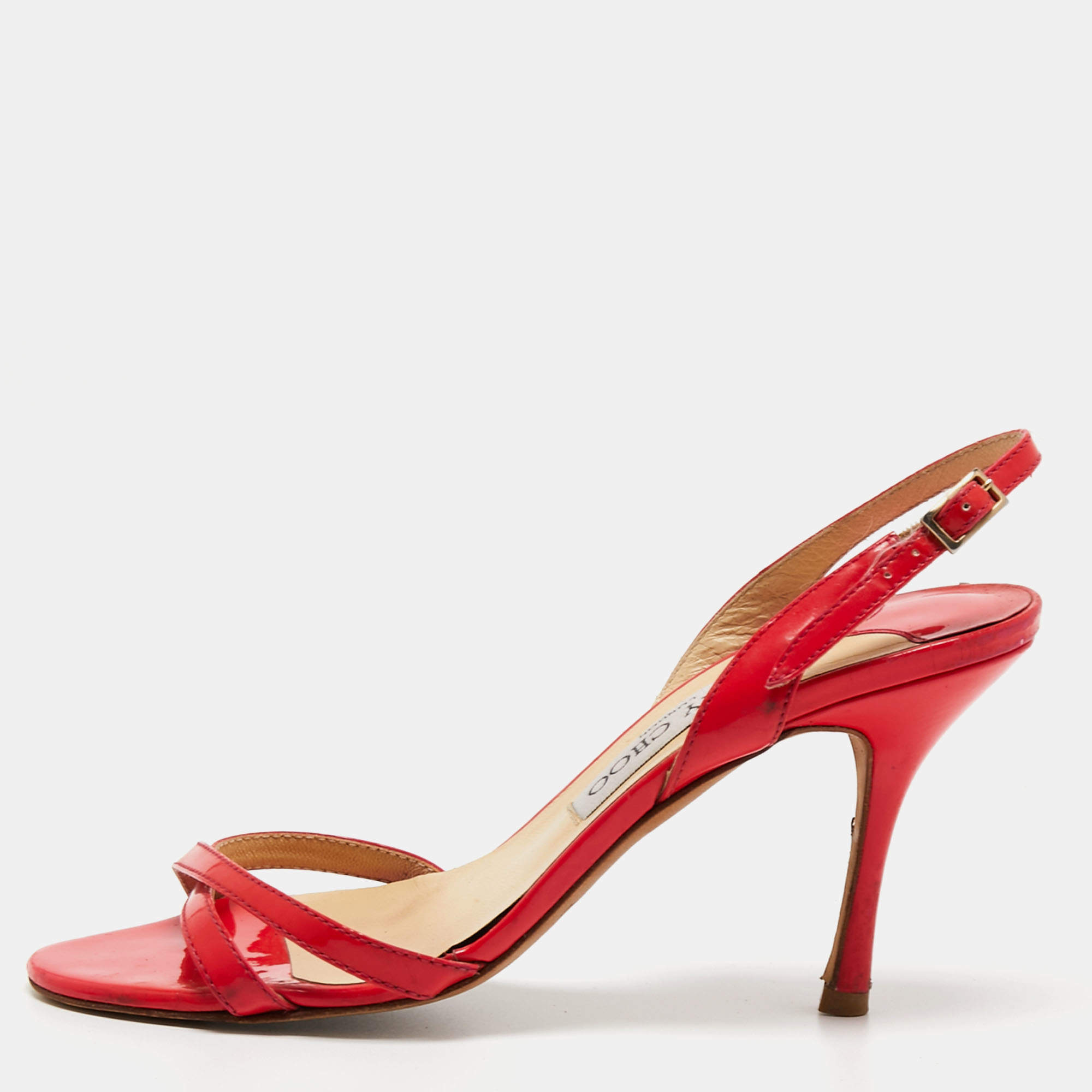 مملوكة مسبقًا Jimmy Choo Red Patent Leather Slingback Sandals Size 35.5