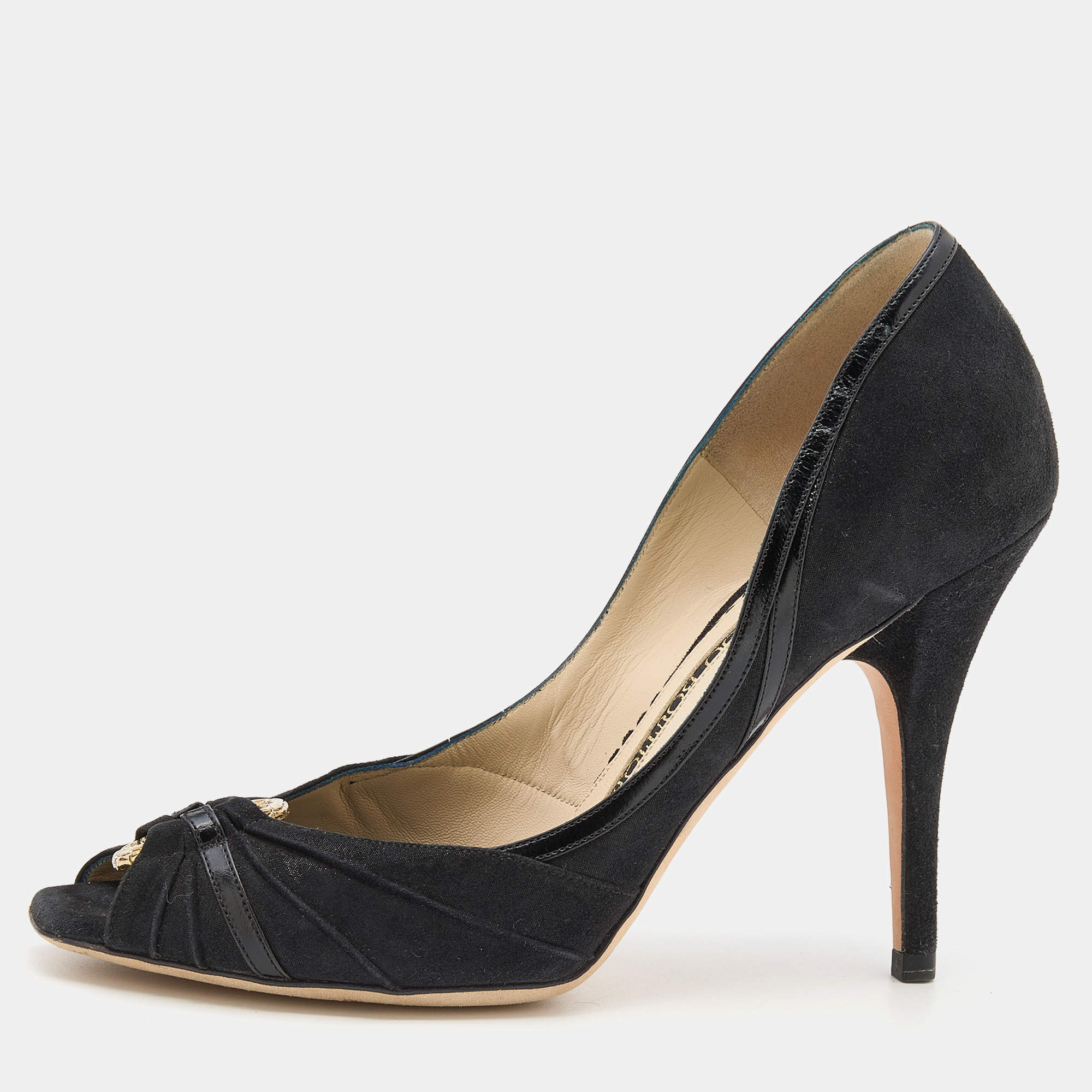 Pre Owned Jimmy Choo Black Suede Peep Toe Pumps Size 36.5