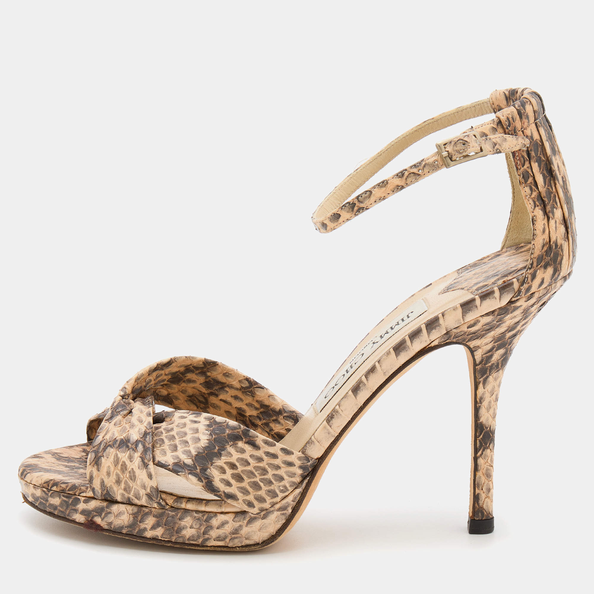 Pre Owned Jimmy Choo Beige/Black Snakeskin Leather Ankle Strap Sandals Size 36
