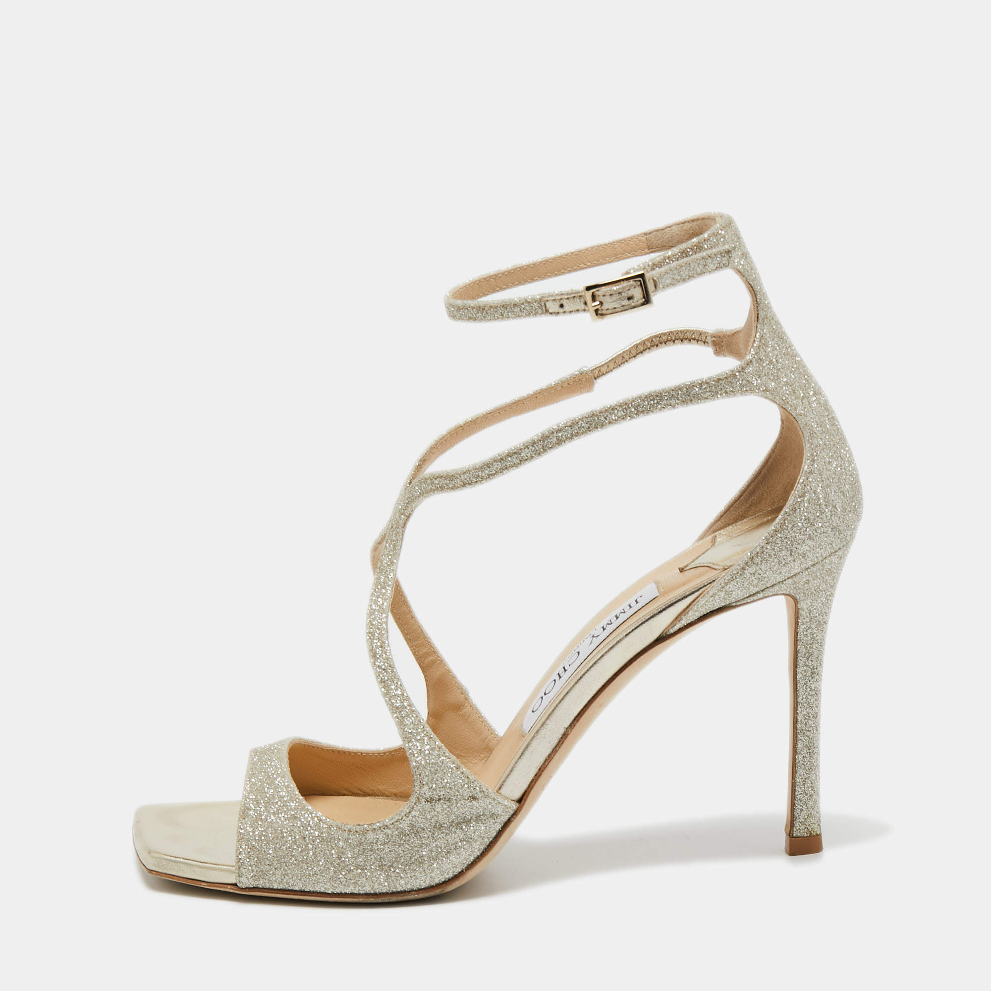 Pre Owned Jimmy Choo Metallic Gold Glitter Ankle Strap Sandals Size 38 .5 