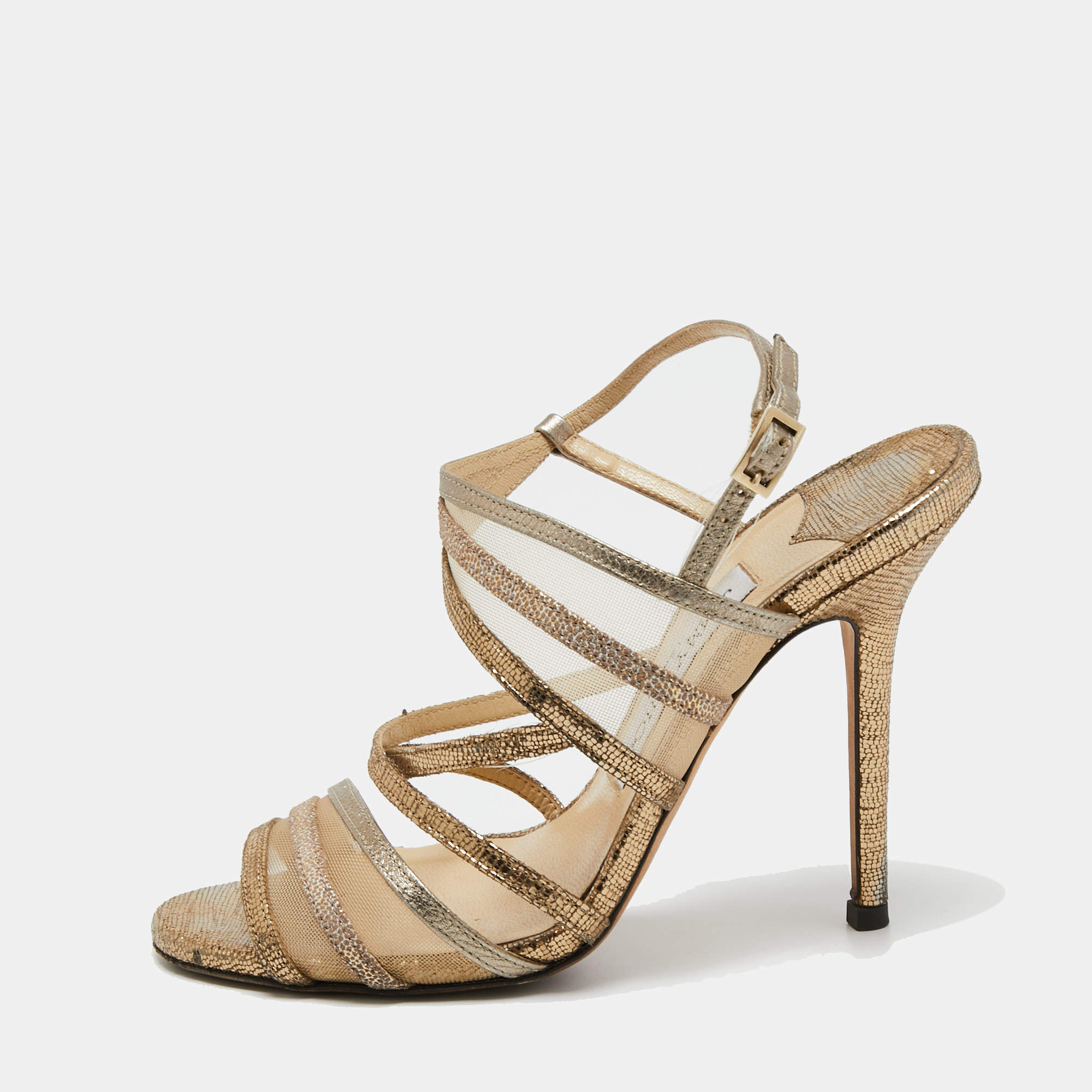 Jimmy Choo Metallic Gold Mesh and Leather Ankle Strap Sandals Size 36