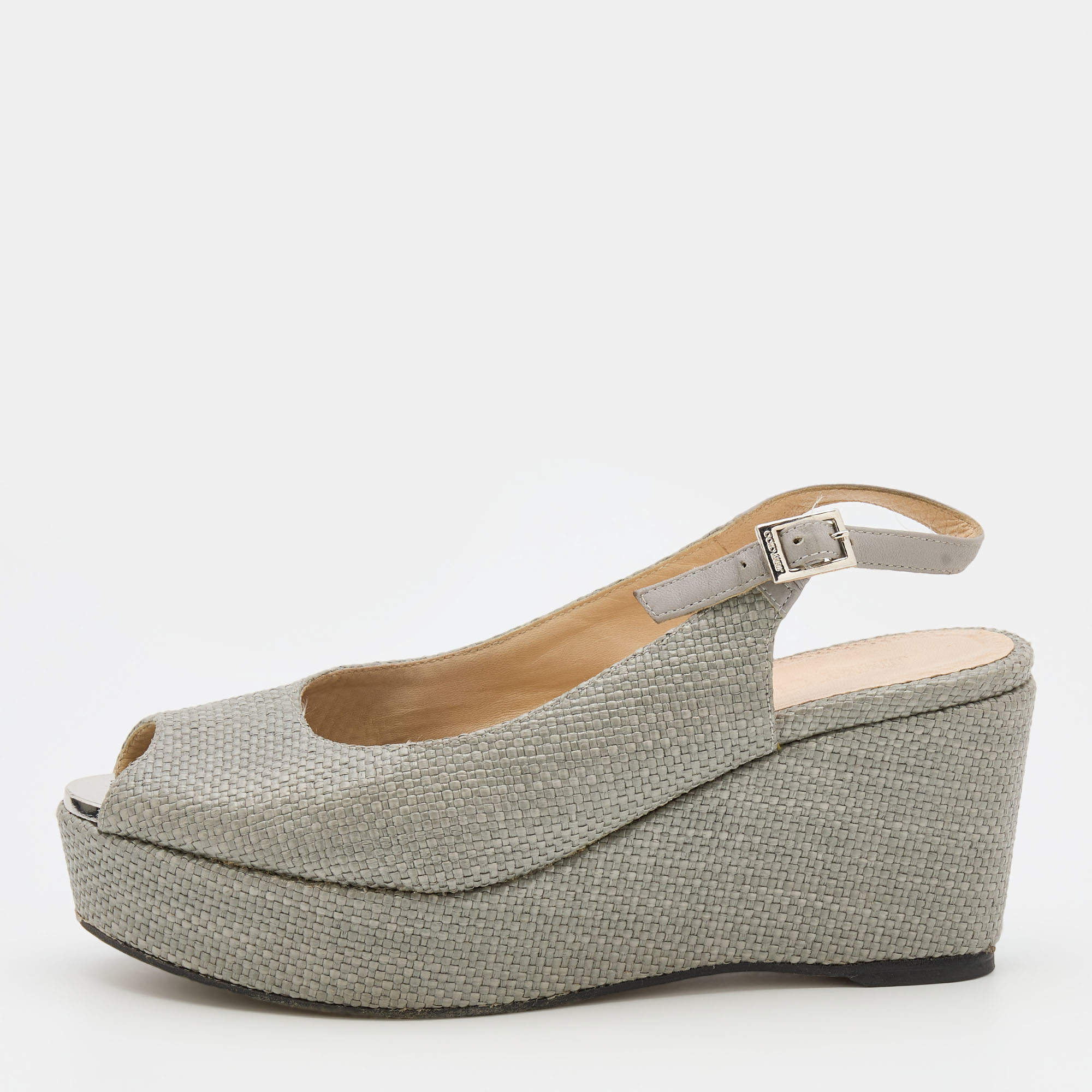 Pre Owned Jimmy Choo Grey Woven Raffia Prova Slingback Platform Wedge Sandals Size 39
