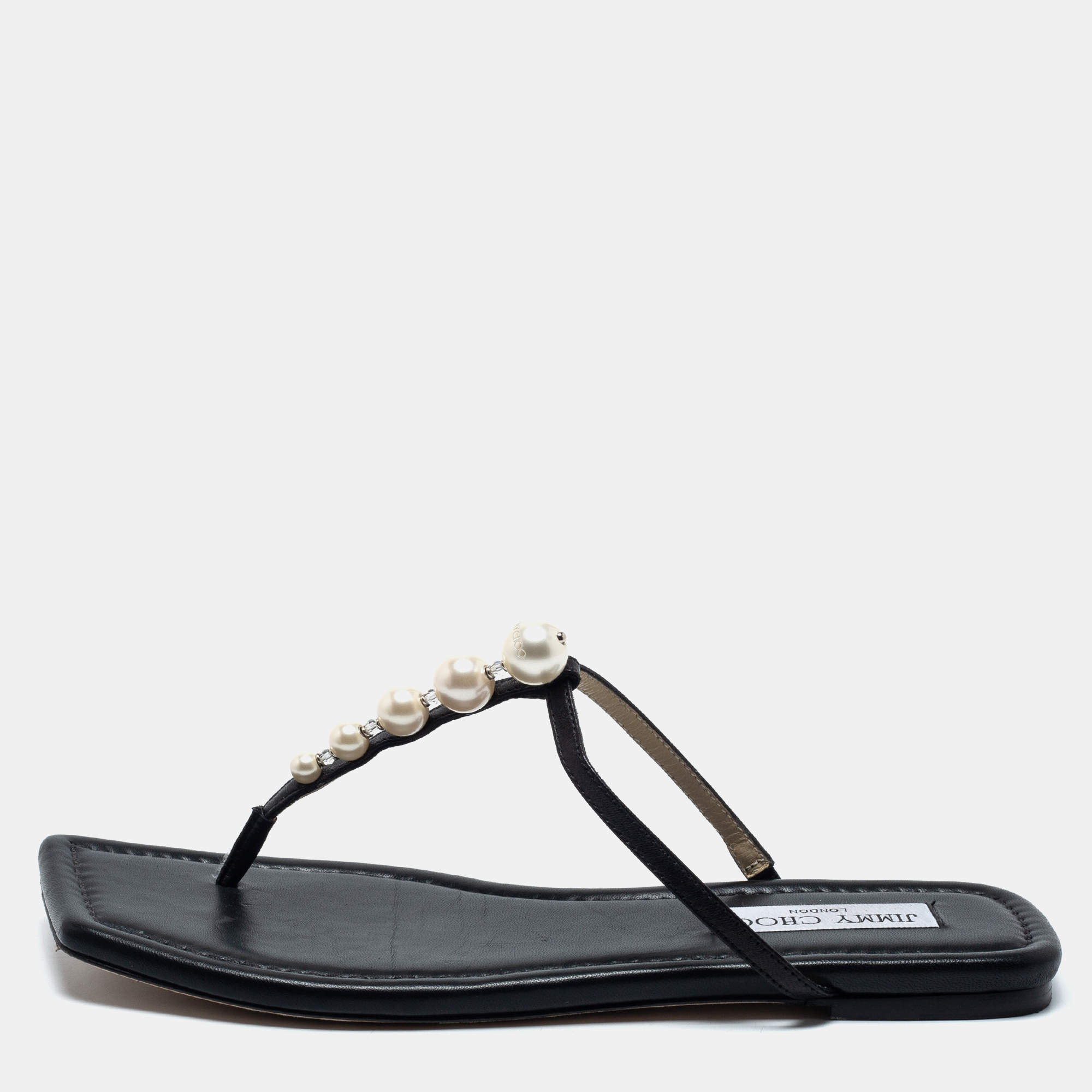 Pre Owned Jimmy Choo Black Leather Embellished Thong Flats Size 38.5